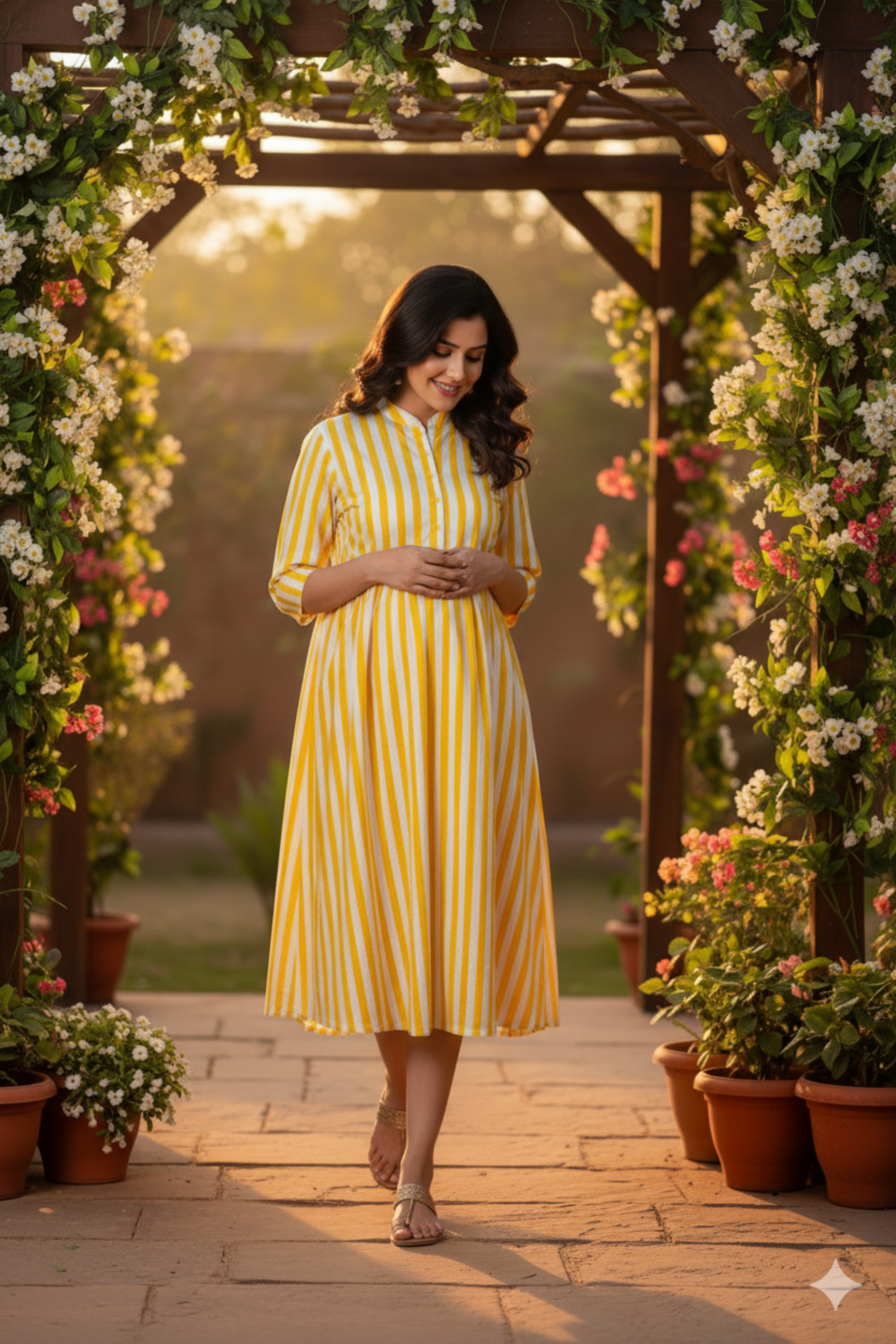 Yellow and White Stripes Maternity Dress