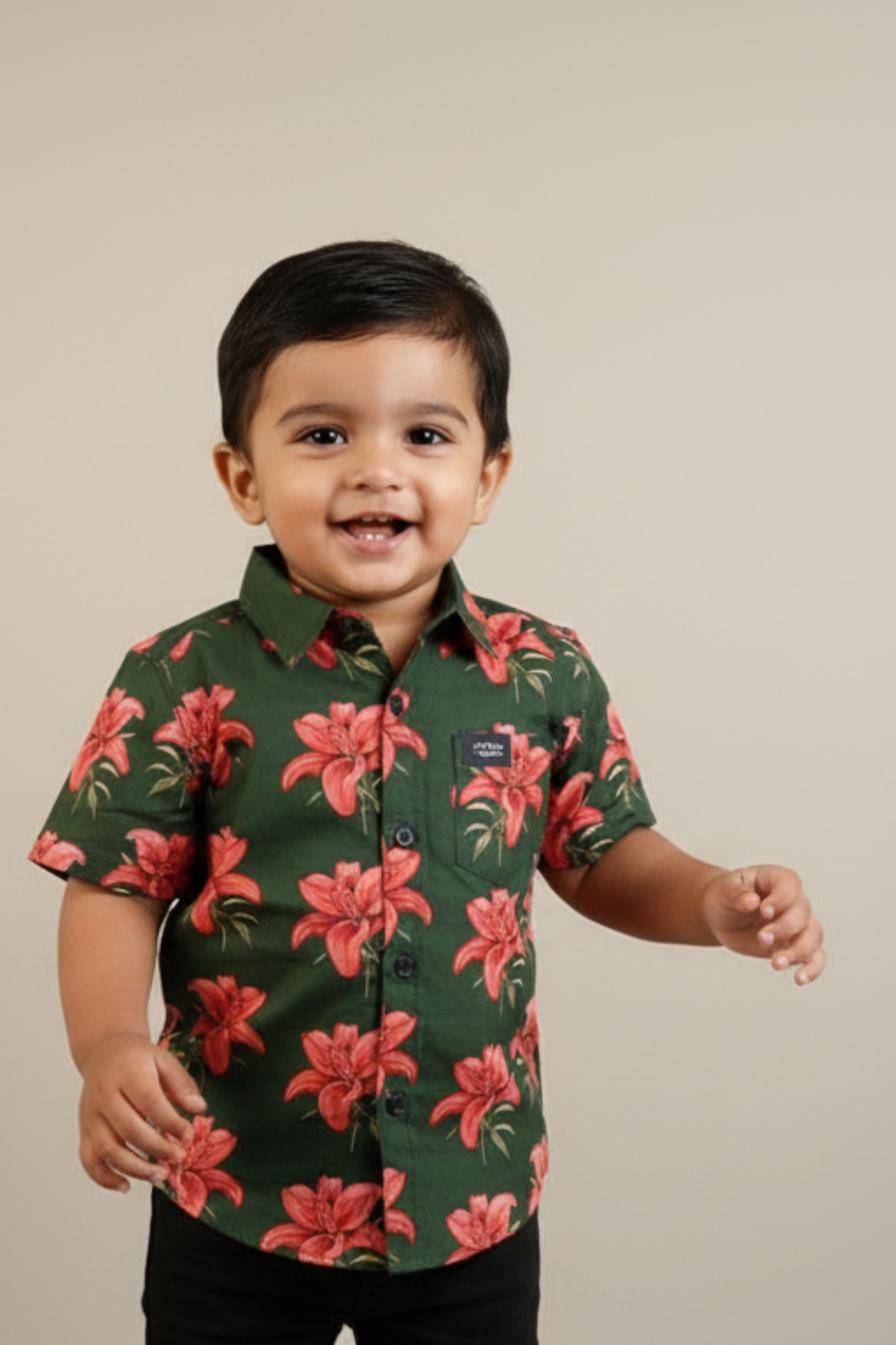 Dark Green Floral Print Father Son Twinning Set