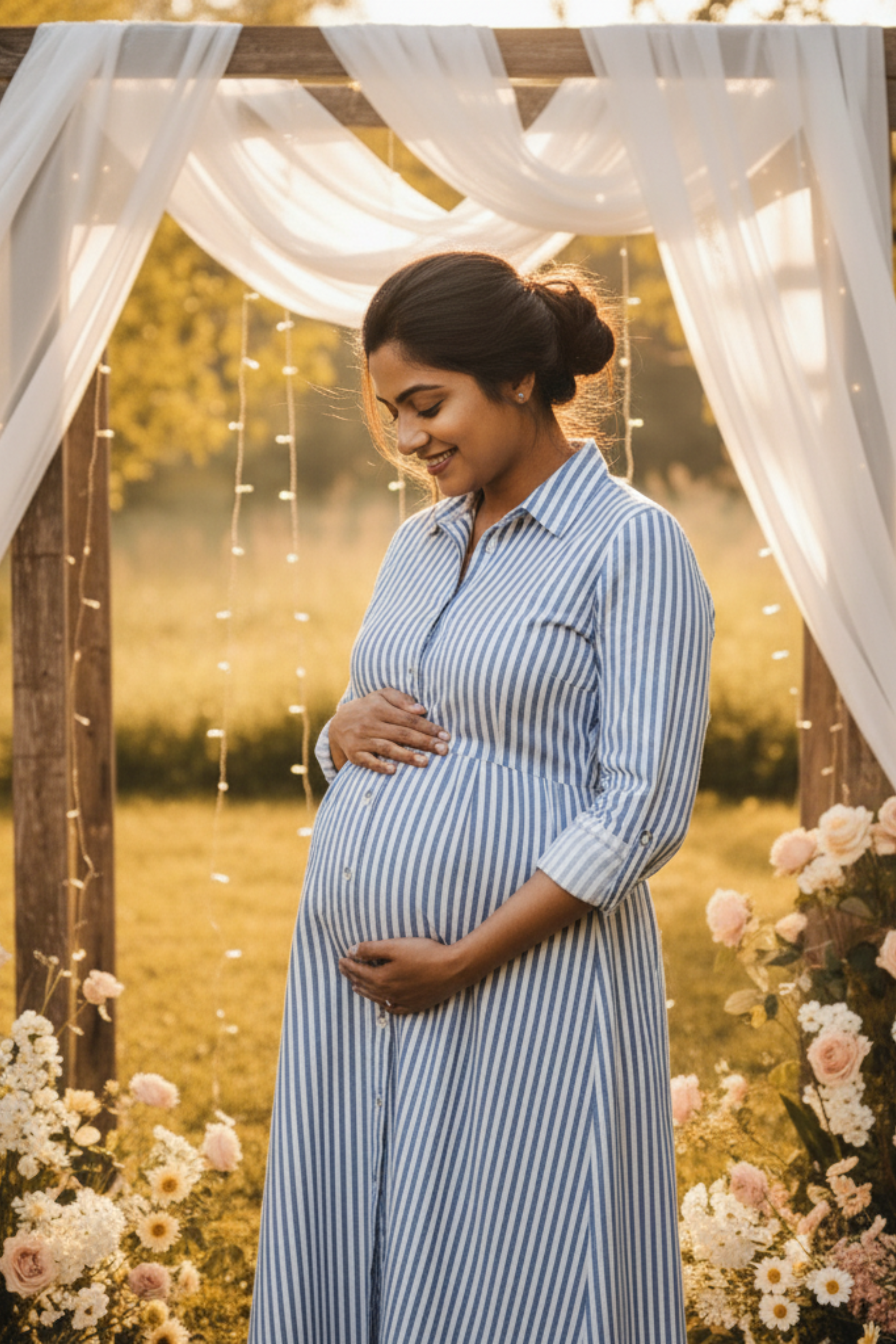 Blue and White Stripes Print Maternity Dress
