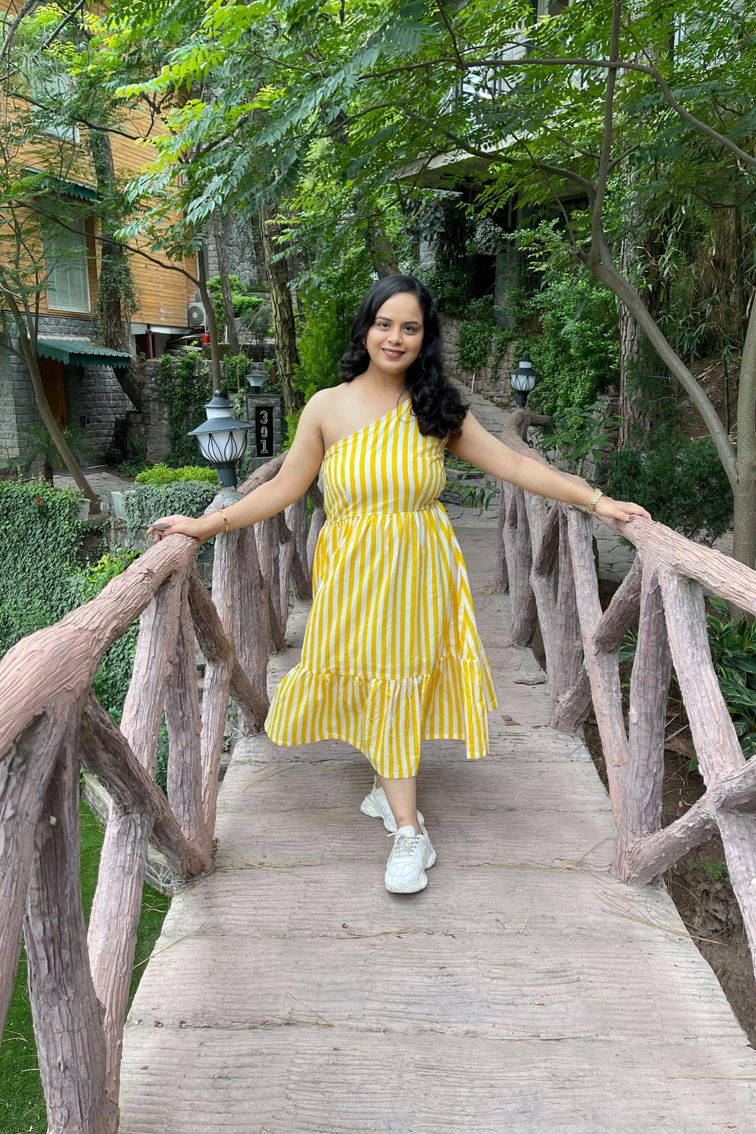 Yellow White Stripes Off Shoulder Dress