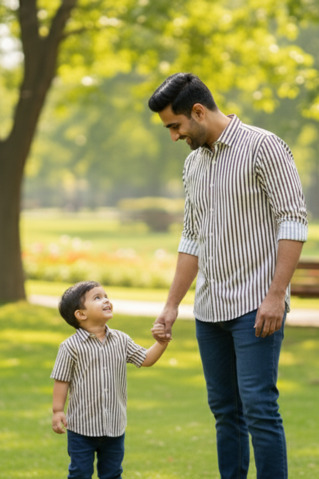 Brown and White Stripes Father Son Twinning Set