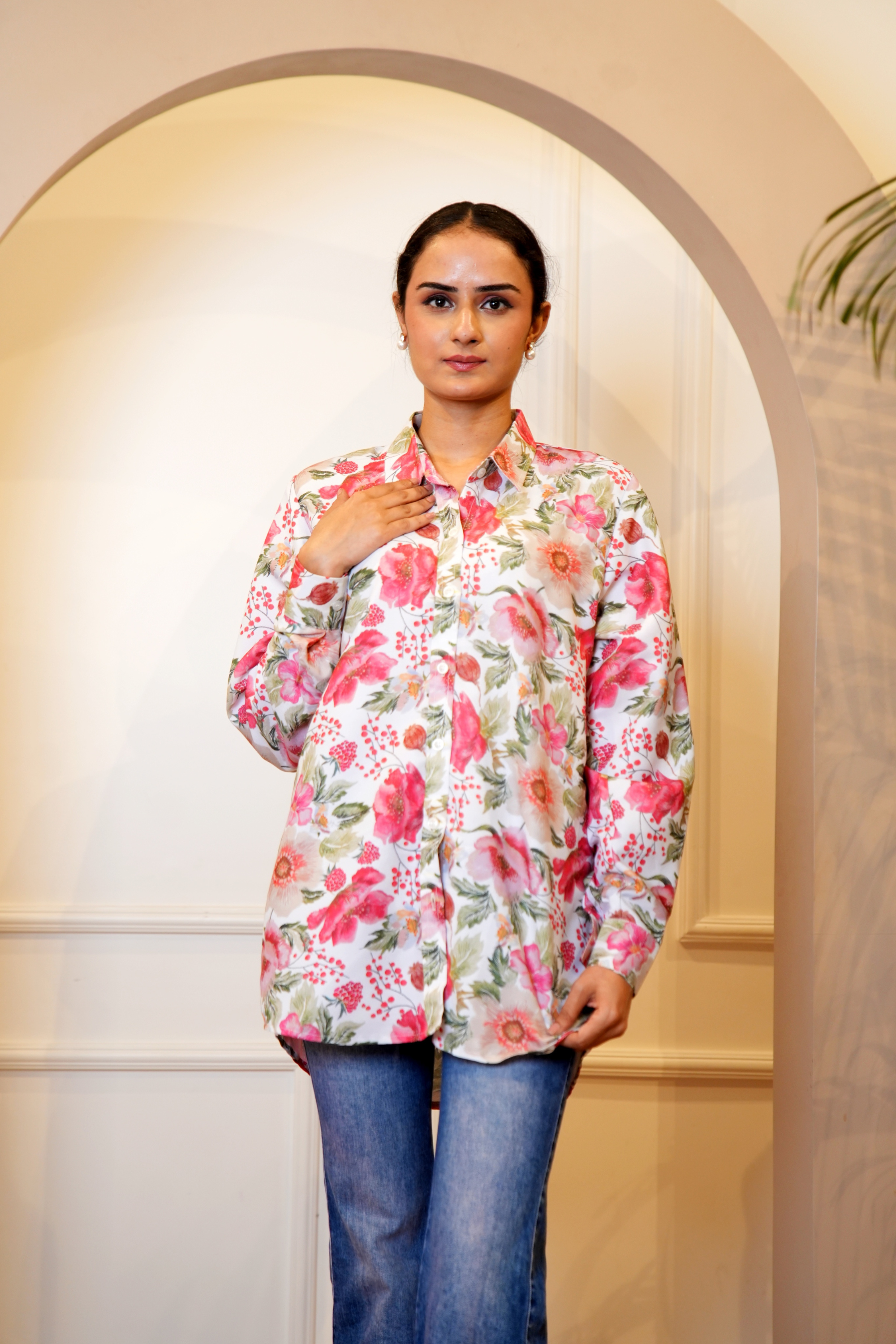 White Floral Shirt Twinning Twinning Set