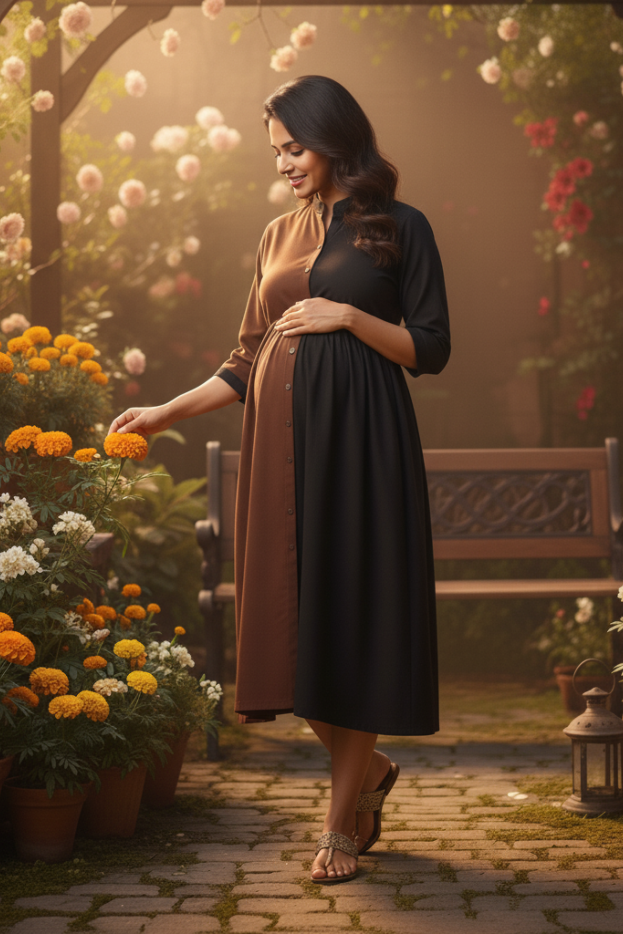 Brown and Black Colorblock Maternity Dress