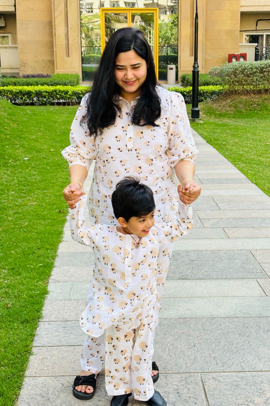 Handblock Sheep Print Mother Child Twinning Lounge Wear