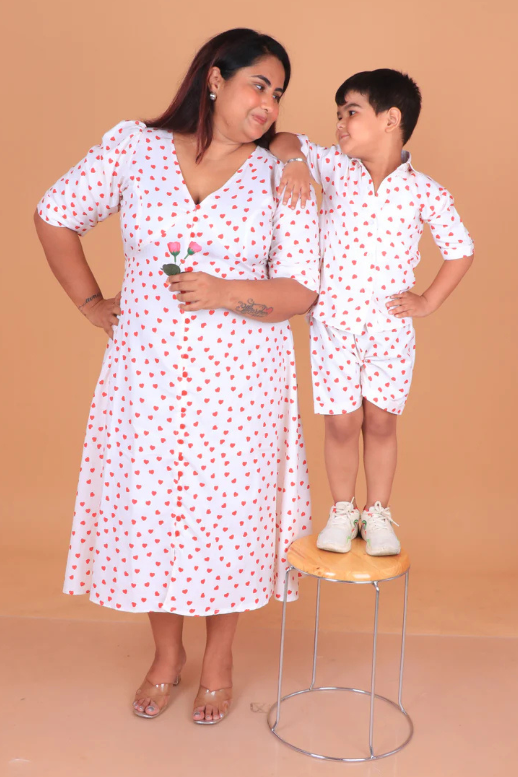 Red Heart Print Mother Son Twinning Set