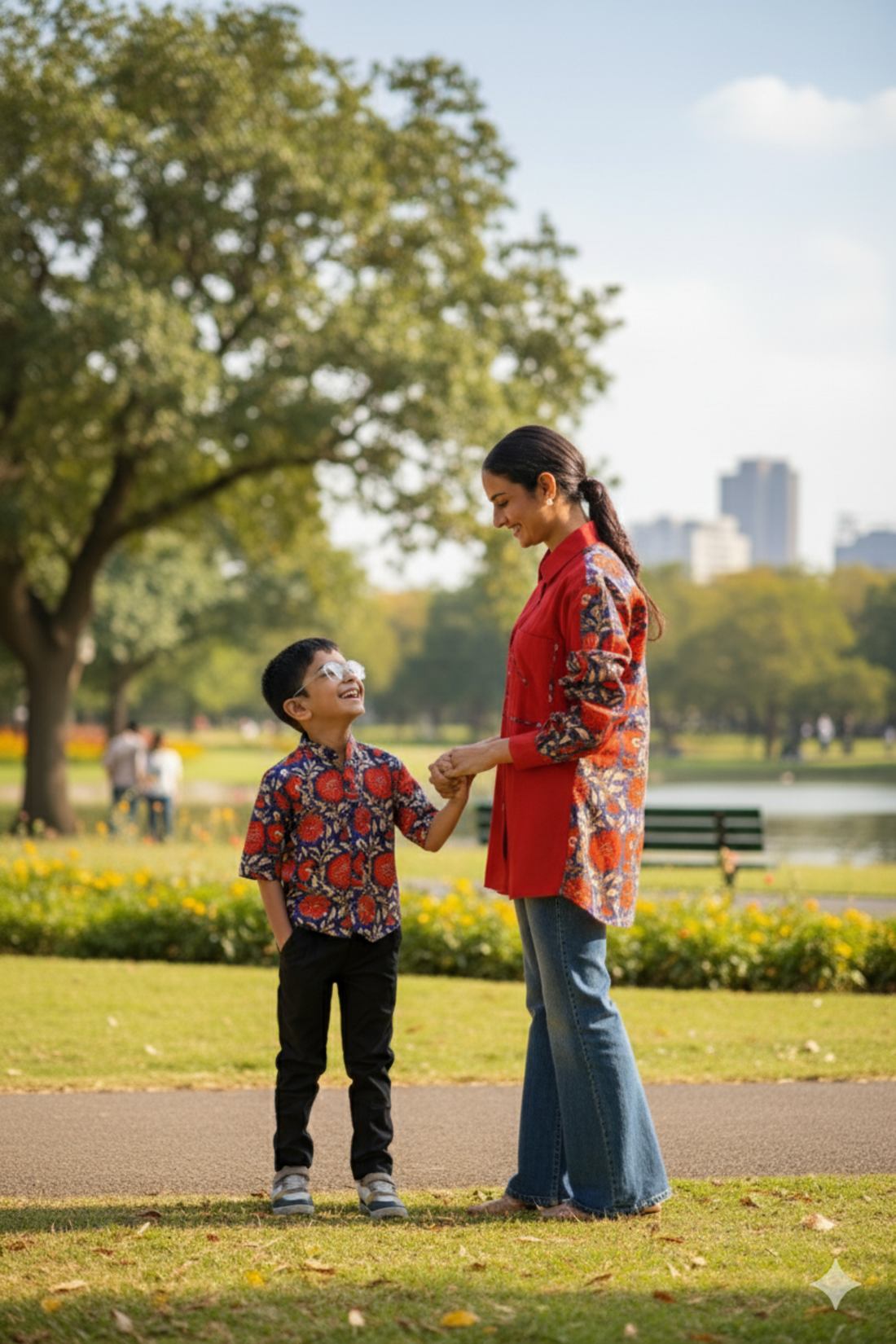 Red and Blue Floral Shirt Twinning Set