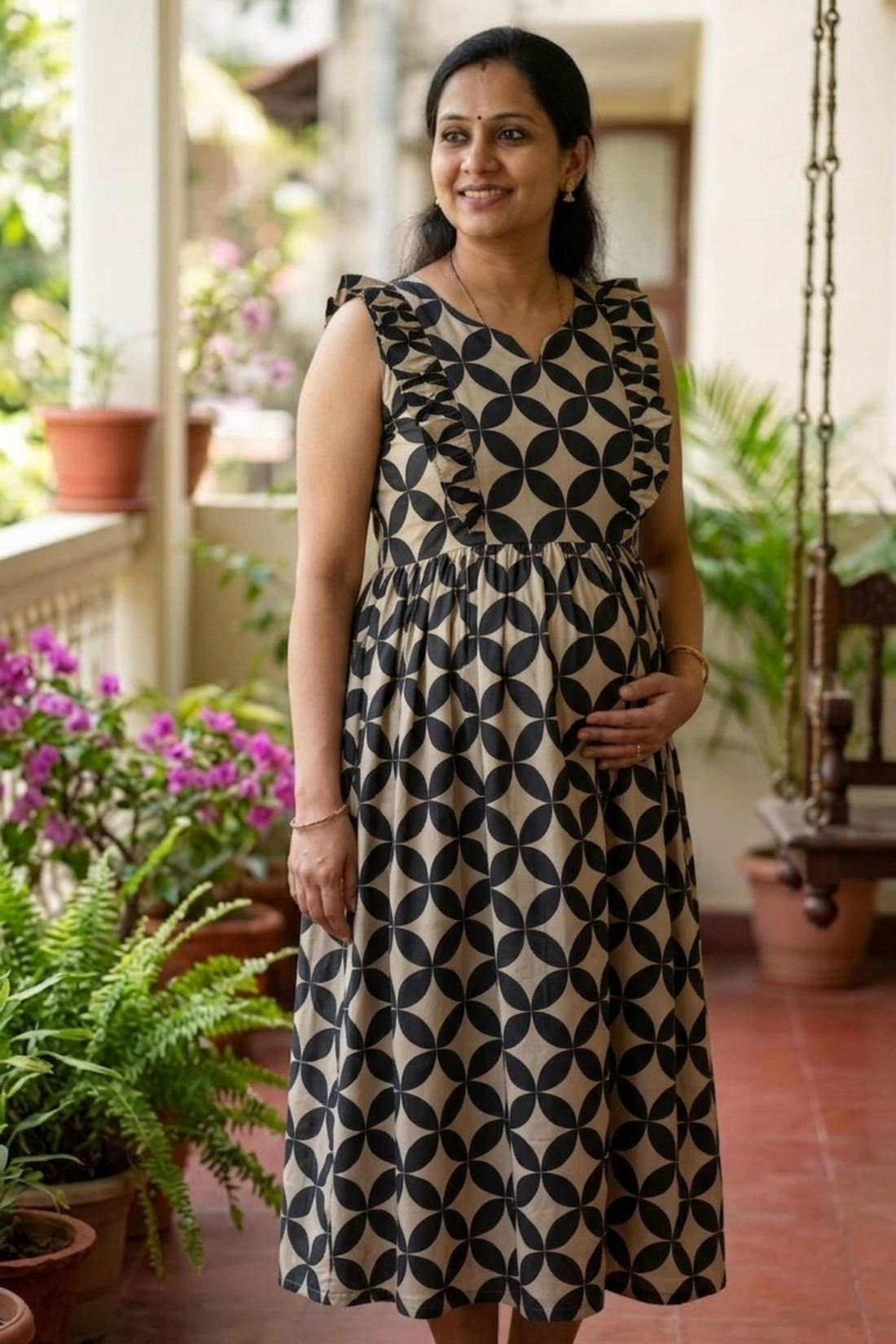 Cream Black Block Print Maternity Dress