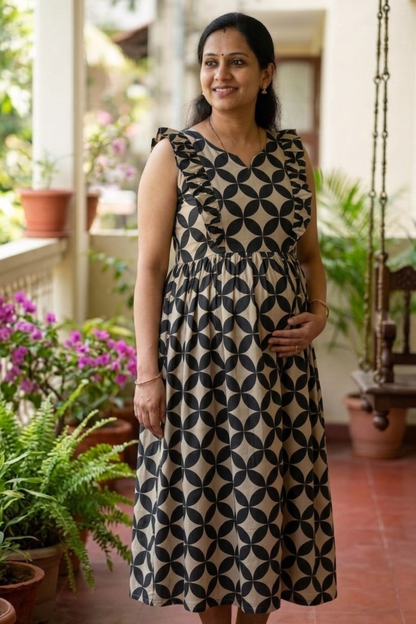 Cream Black Block Print Maternity Dress