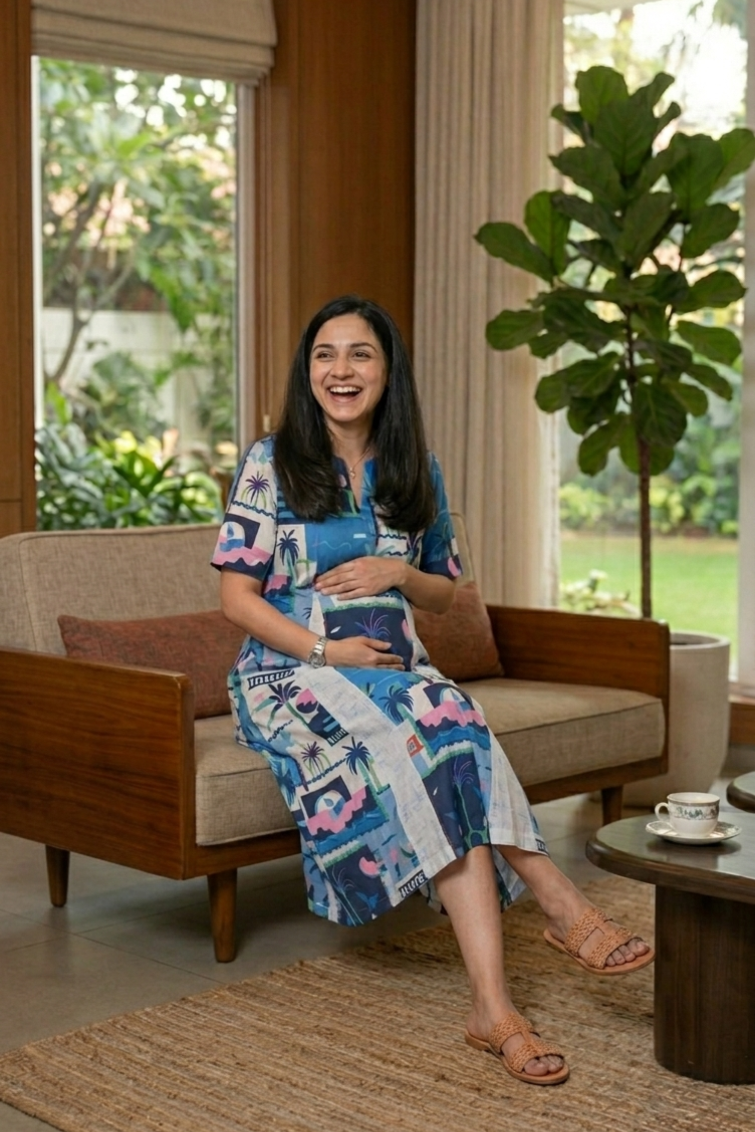 Blue Tropical Print Maternity Dress