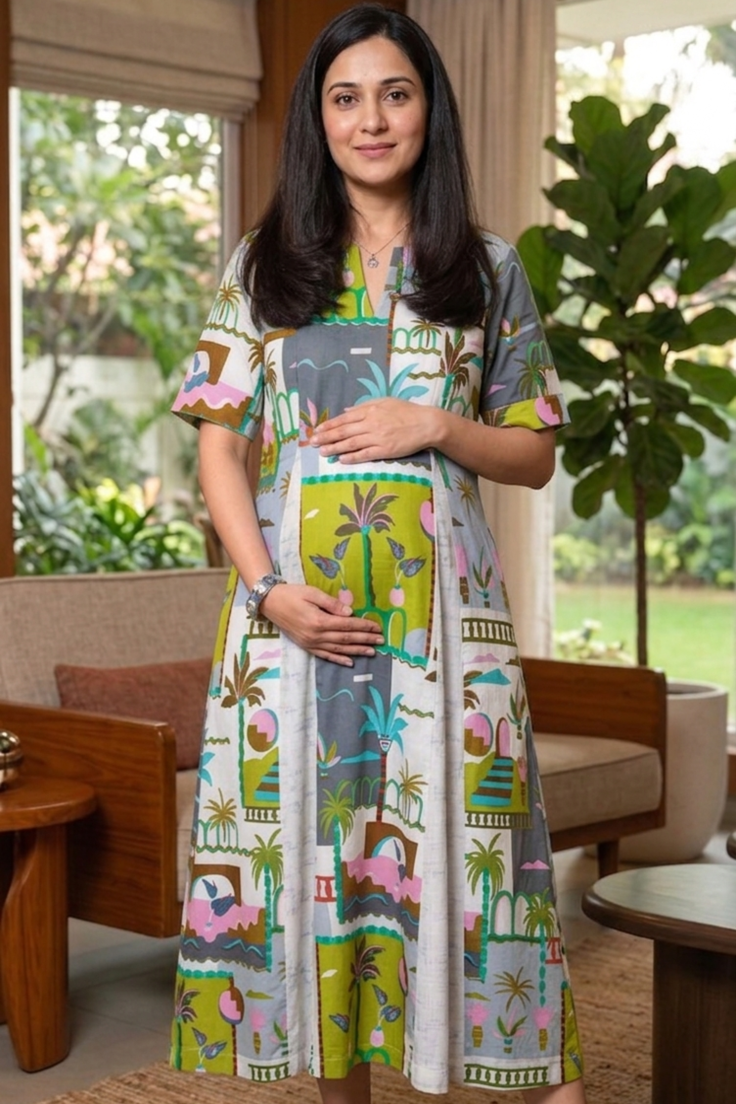 Green Tropical Print Maternity Dress