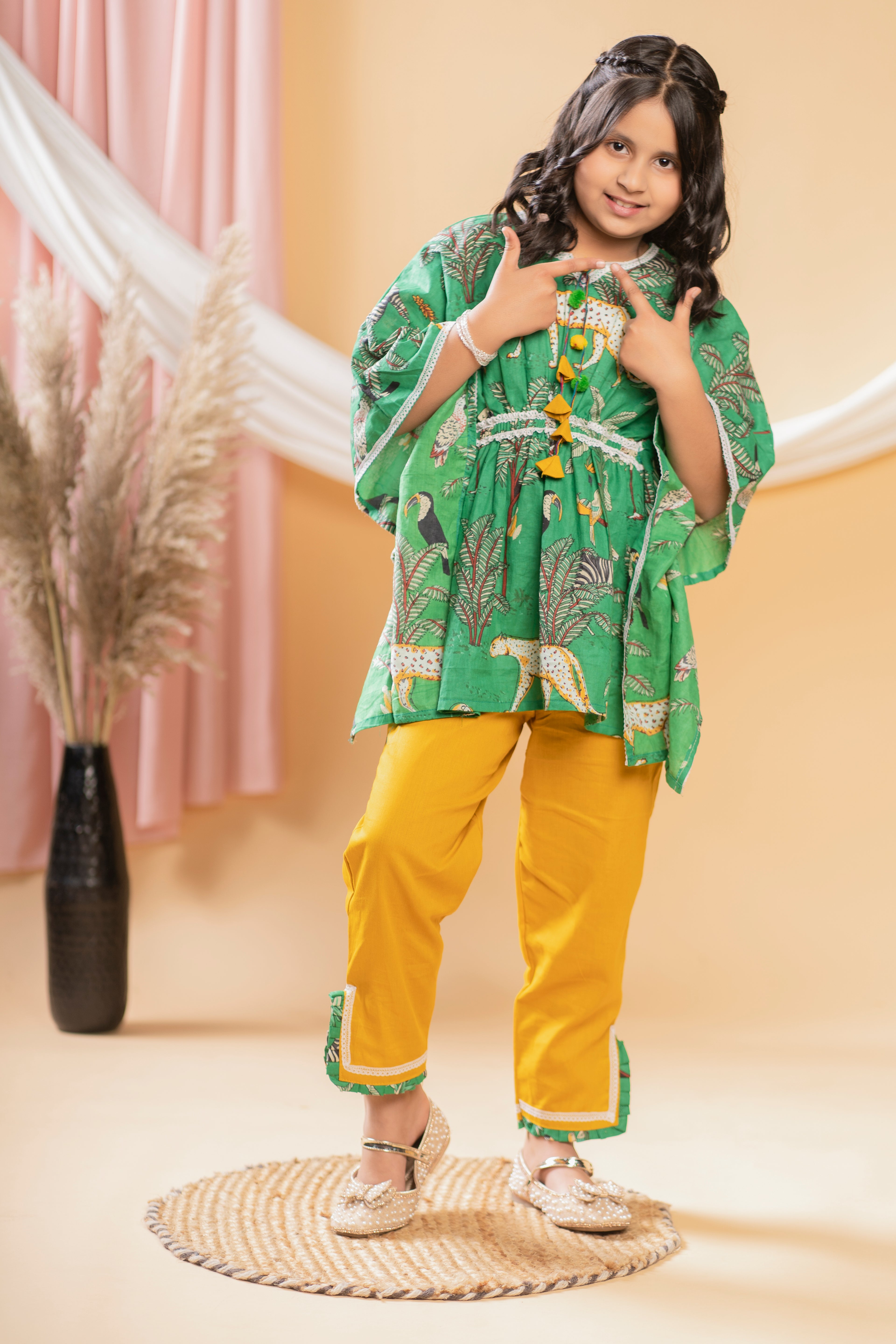 Green Animal print Kaftan with mustard pants
