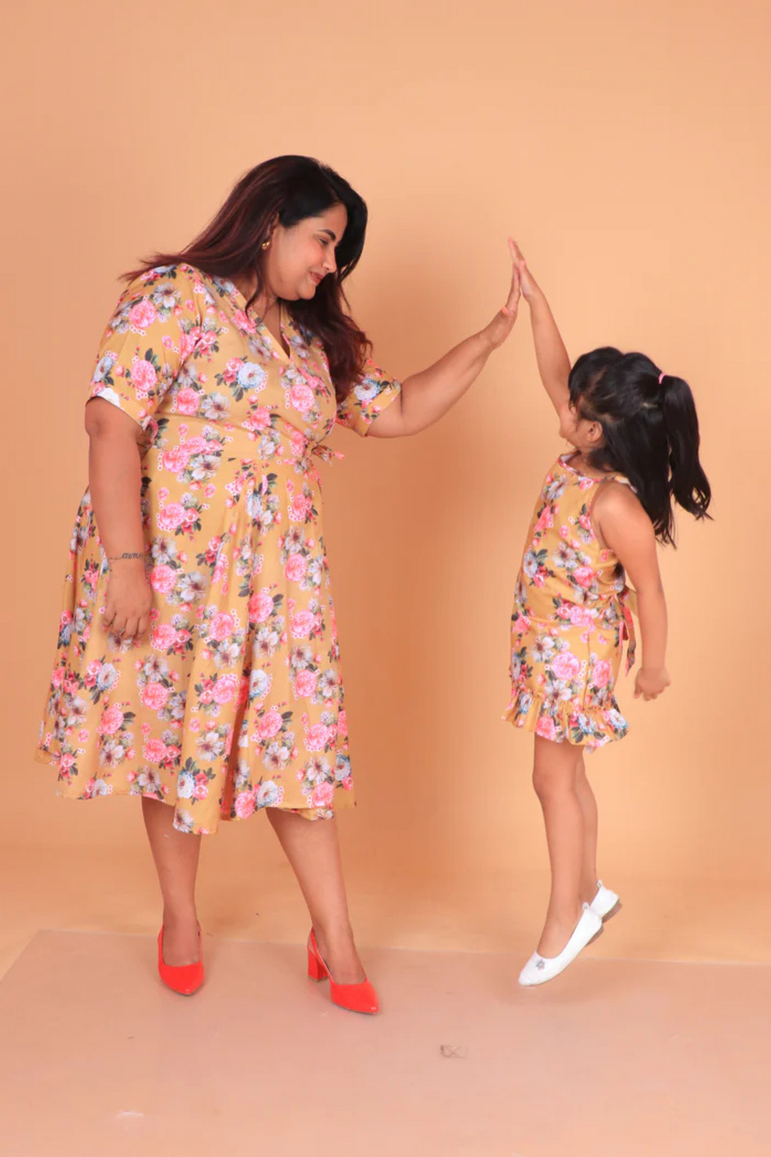 Yellow Floral Dress and Frock Twinning Set