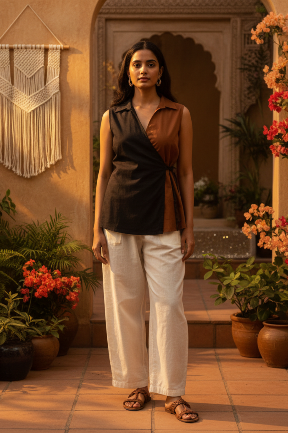 Black & Brown Poplin Wrap Top