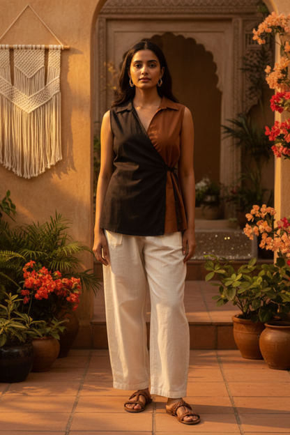 Black &amp; Brown Poplin Wrap Top