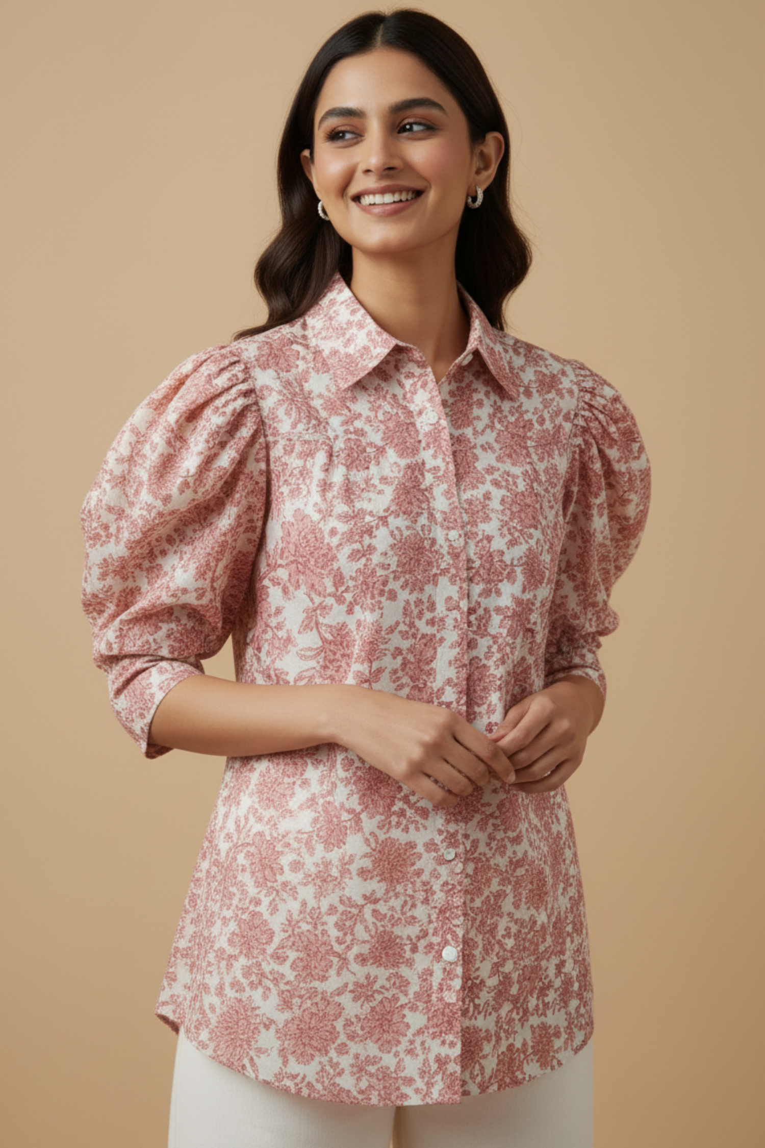 Beige Floral Print Shirt