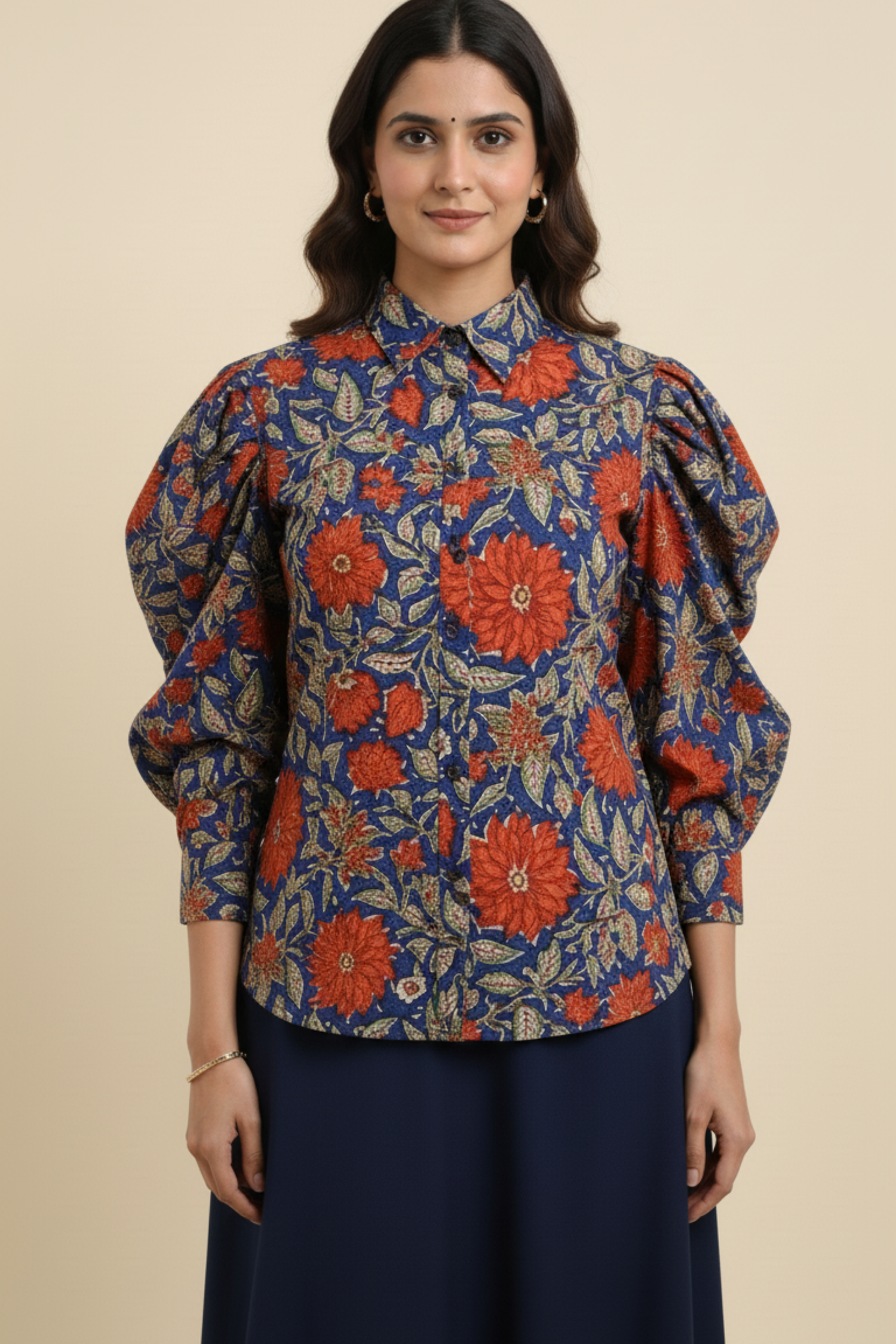 Red and Blue Floral Print Shirt