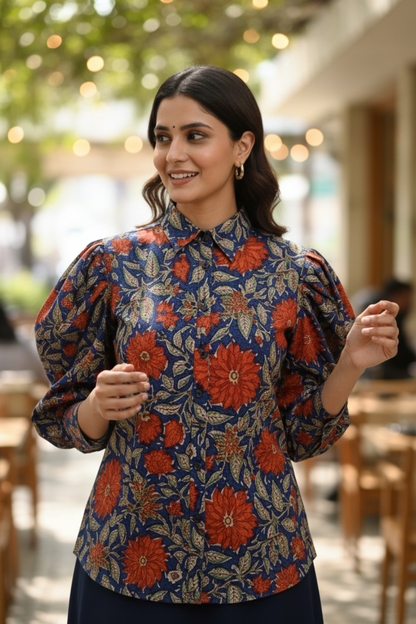 Red and Blue Floral Print Shirt