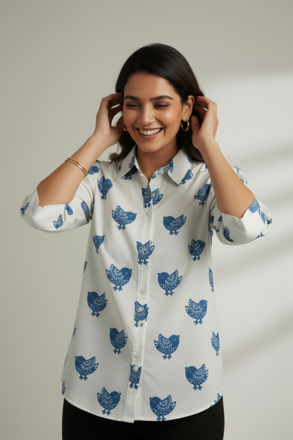 Blue Bird Print Shirt