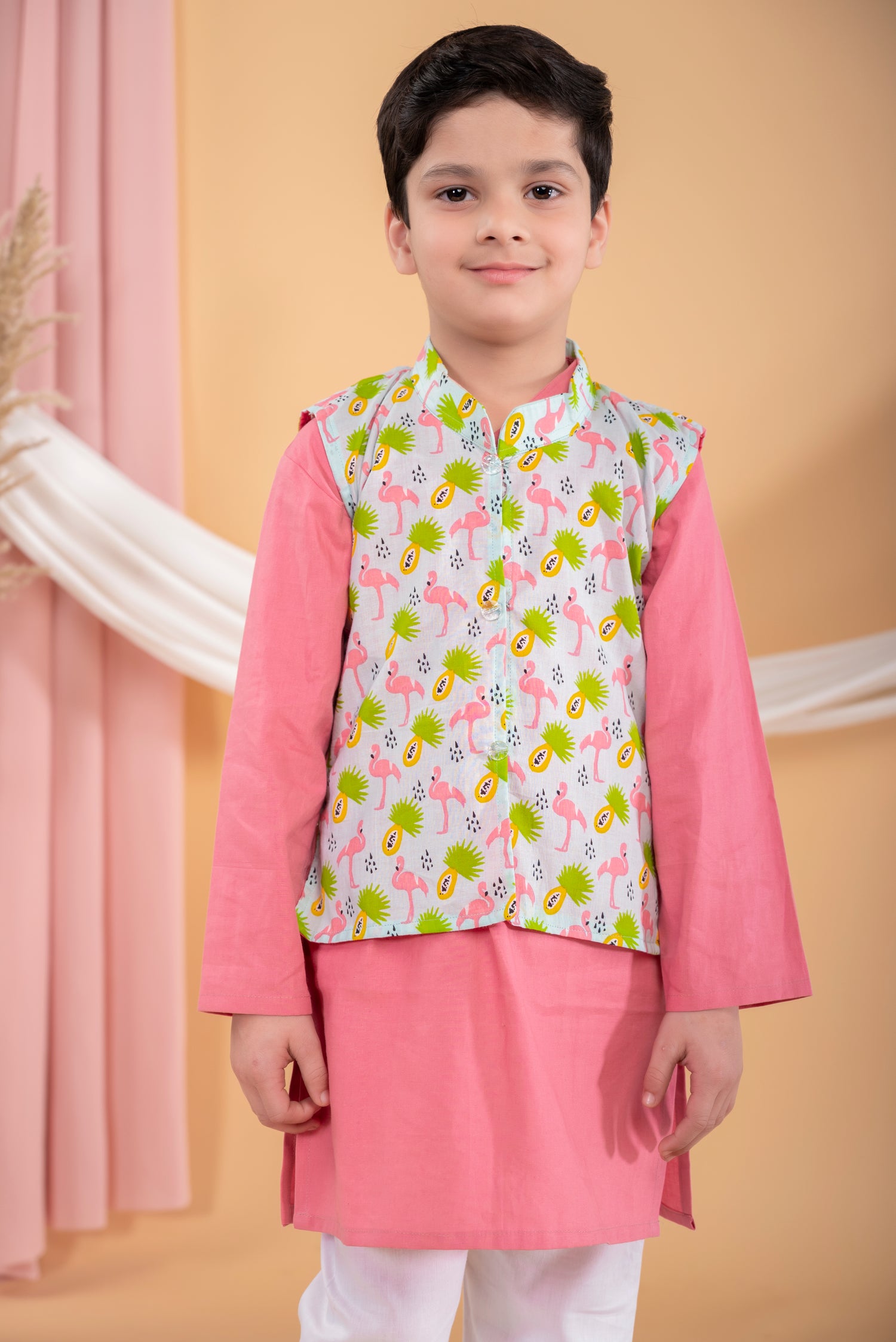 Pink kurta pajama with flamingo print jacket