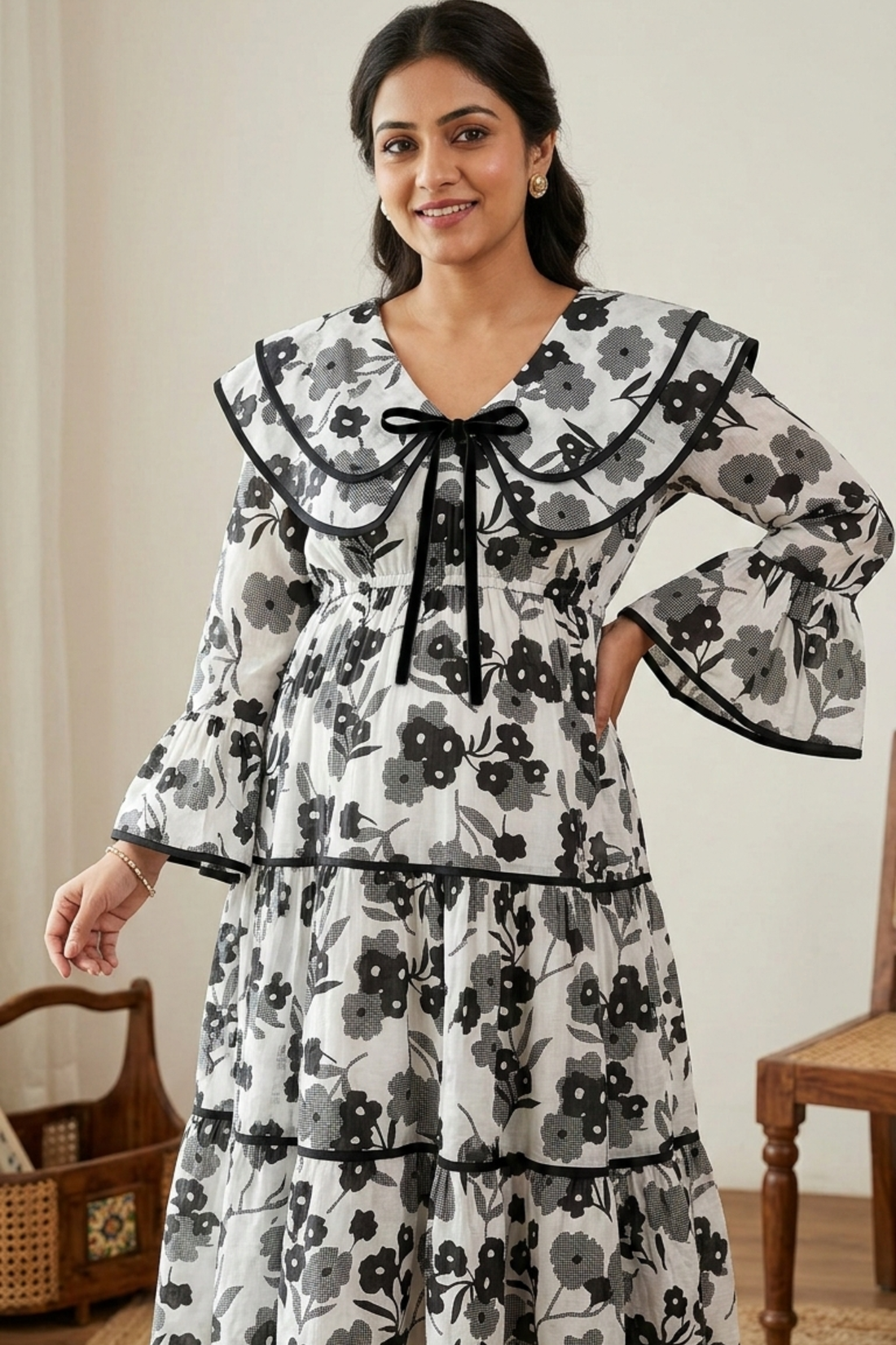 The Monochrome Floral Tiered Maternity Dress