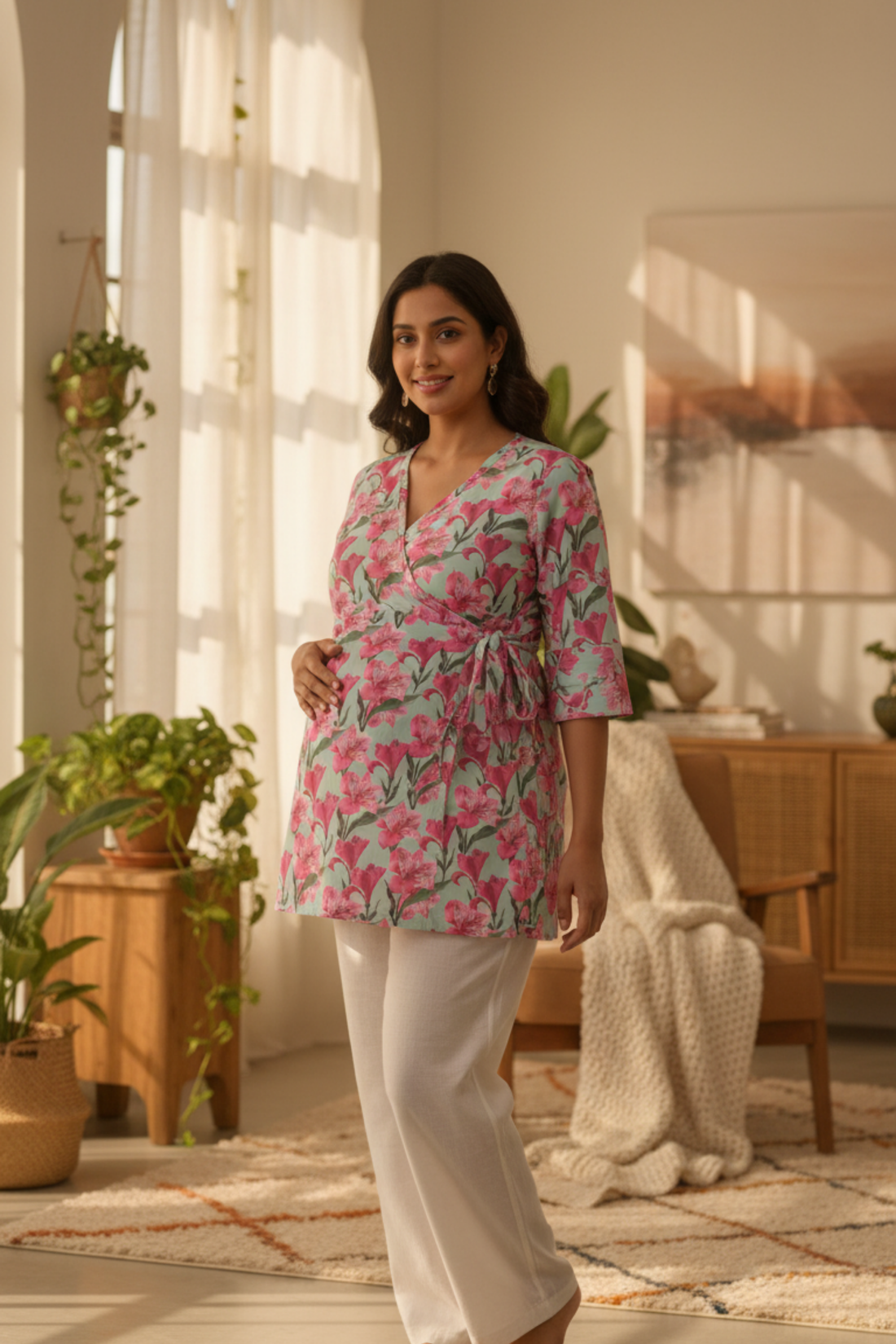 Green Flower Print Maternity Top