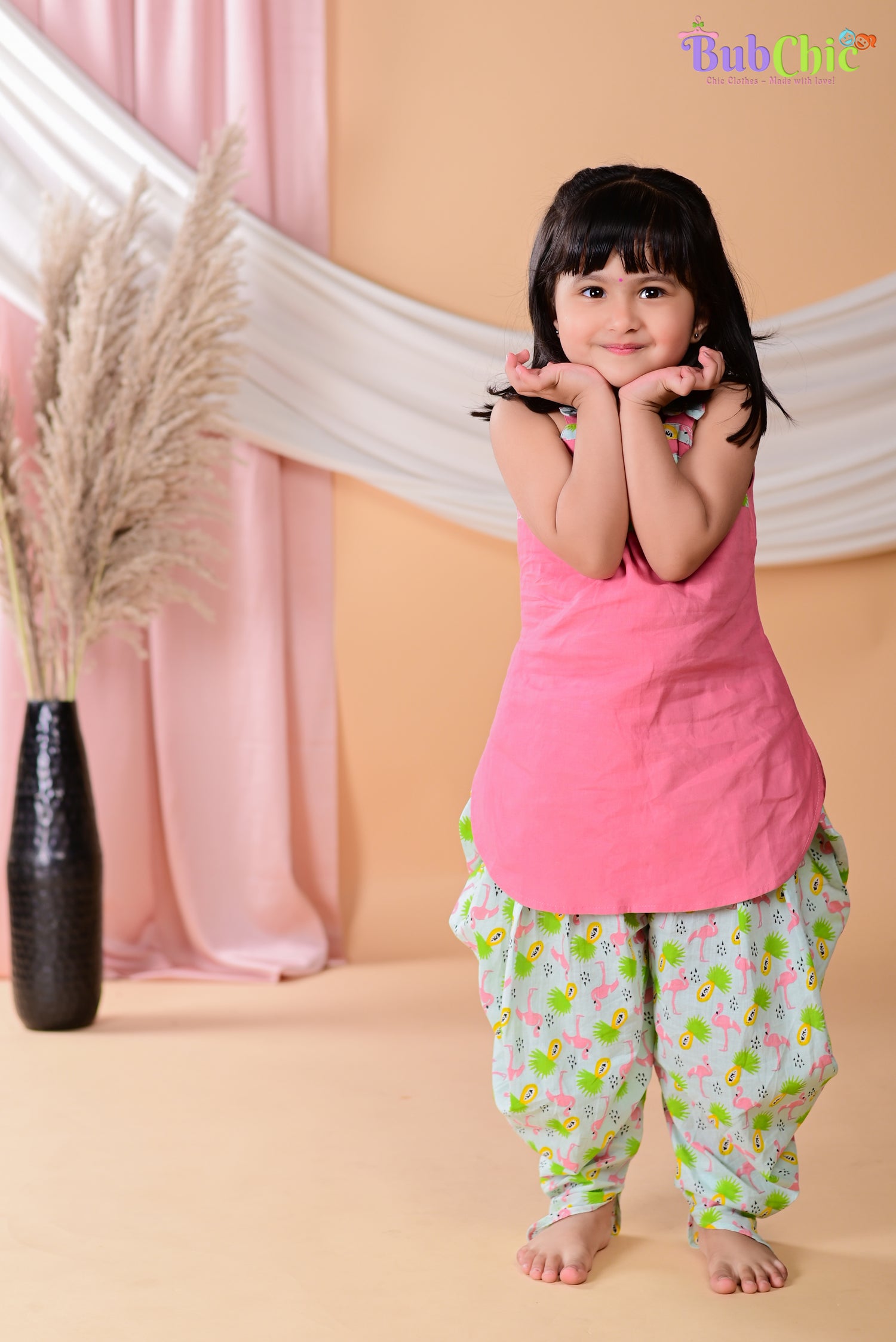 Pink Kurta with Flamingo print dhoti