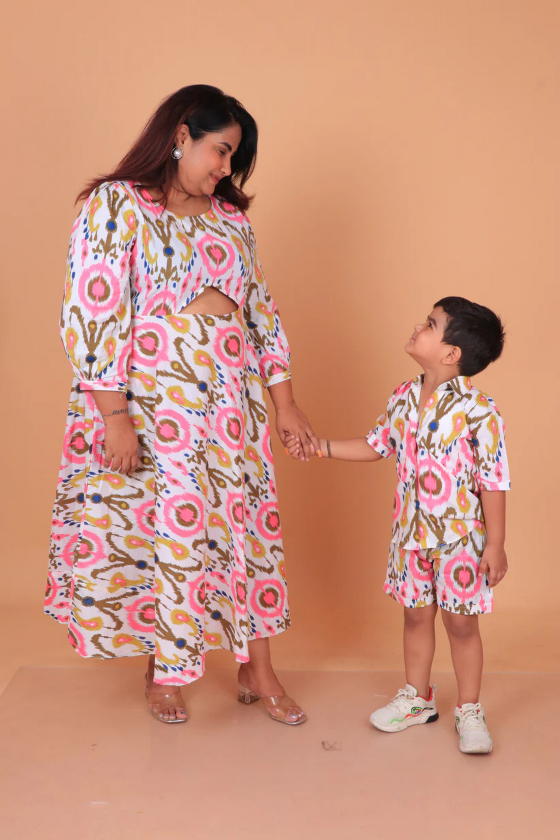 White Pink Ikhat Mother Son Twinning Set