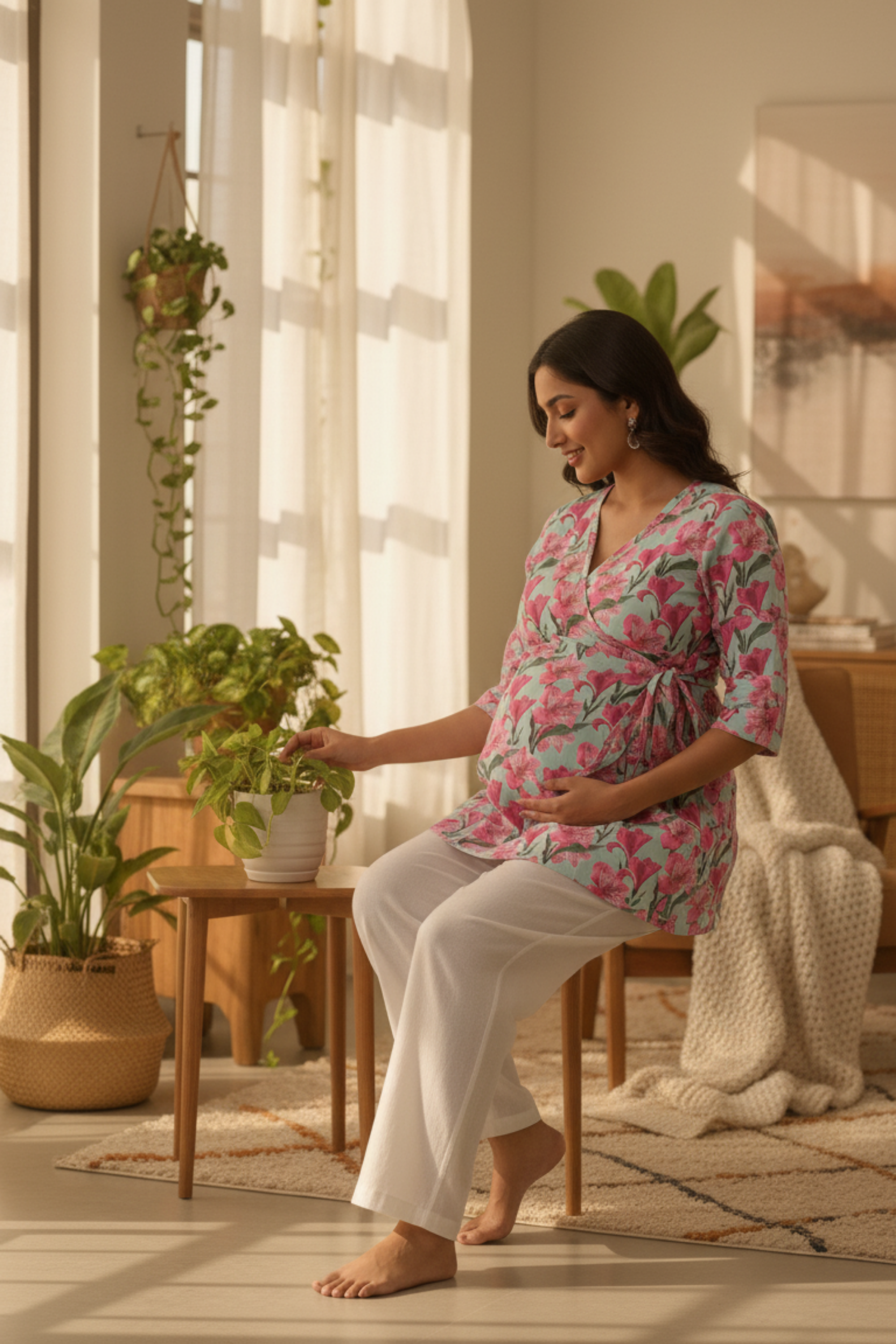 Green Flower Print Maternity Top