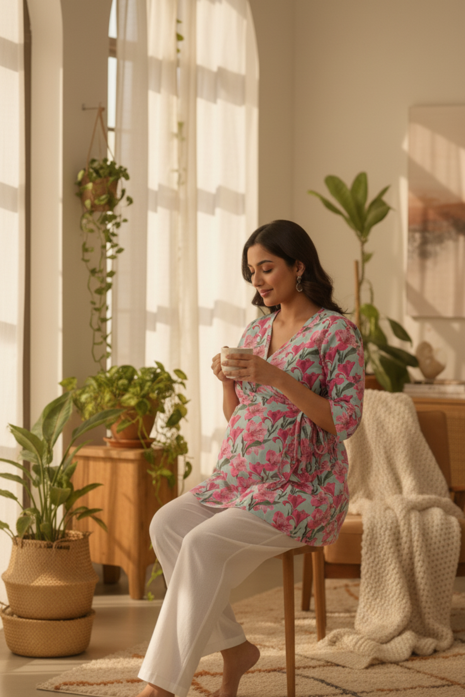 Green Flower Print Maternity Top