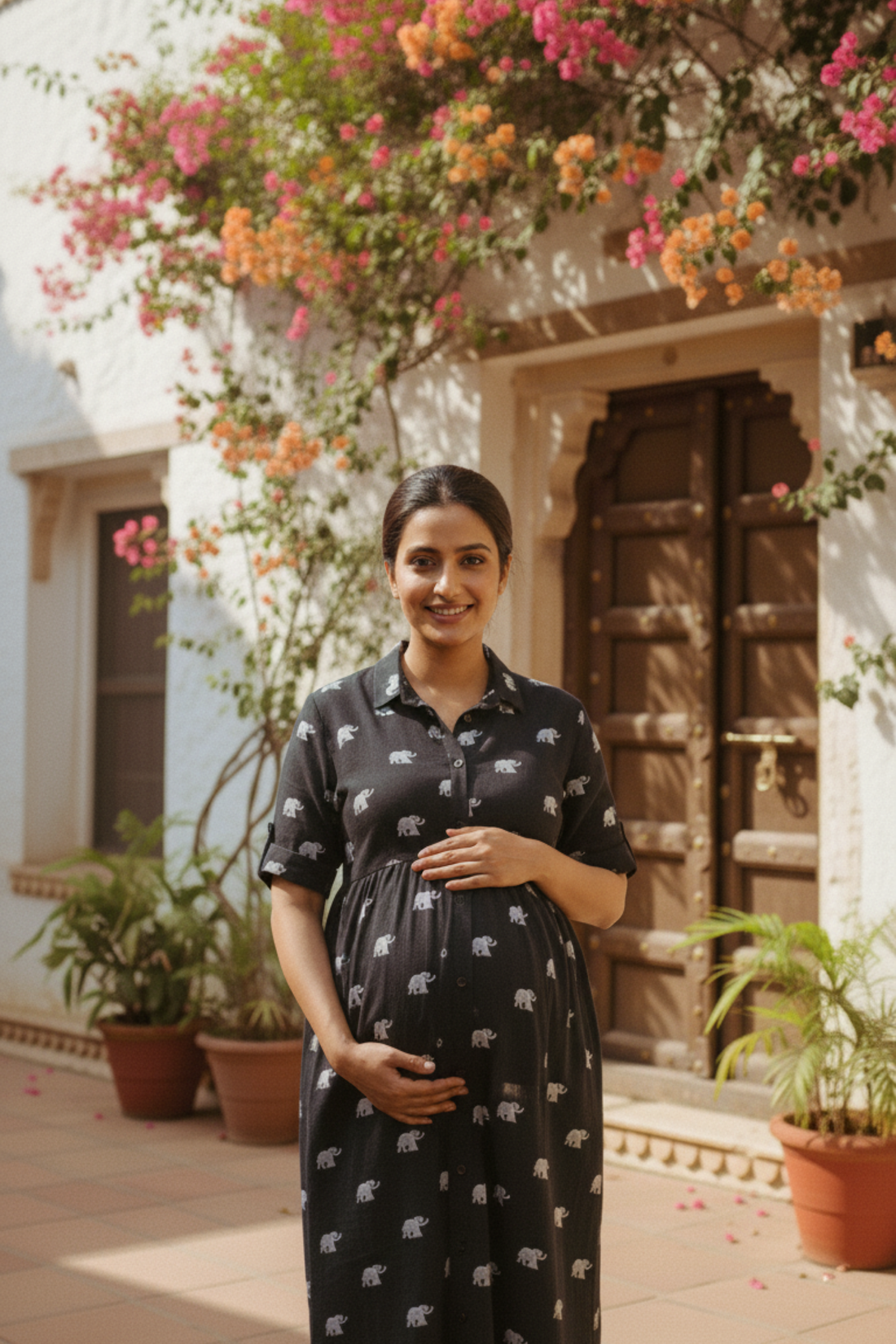 Black Elephant Print Maternity Dress