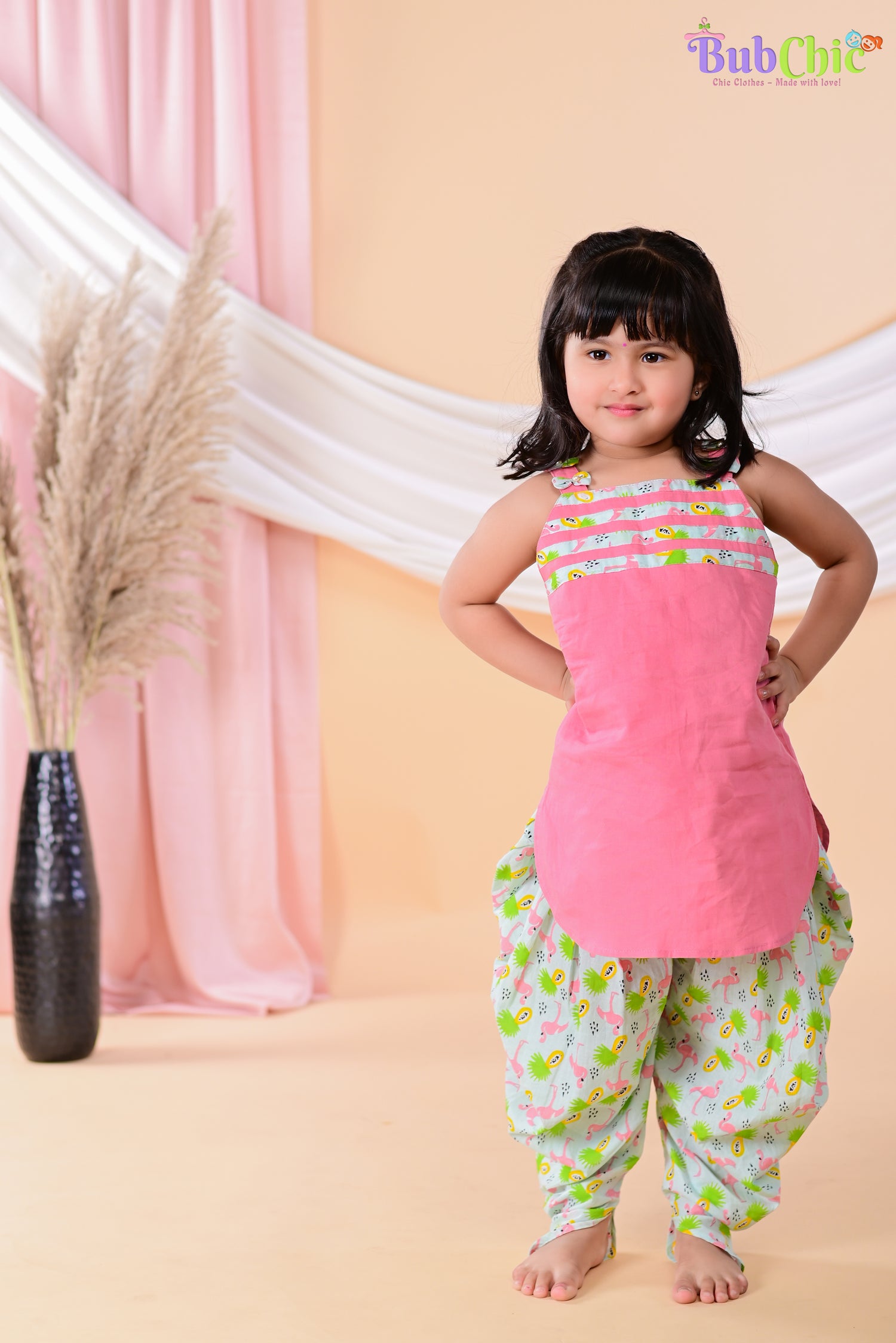 Pink Kurta with Flamingo print dhoti