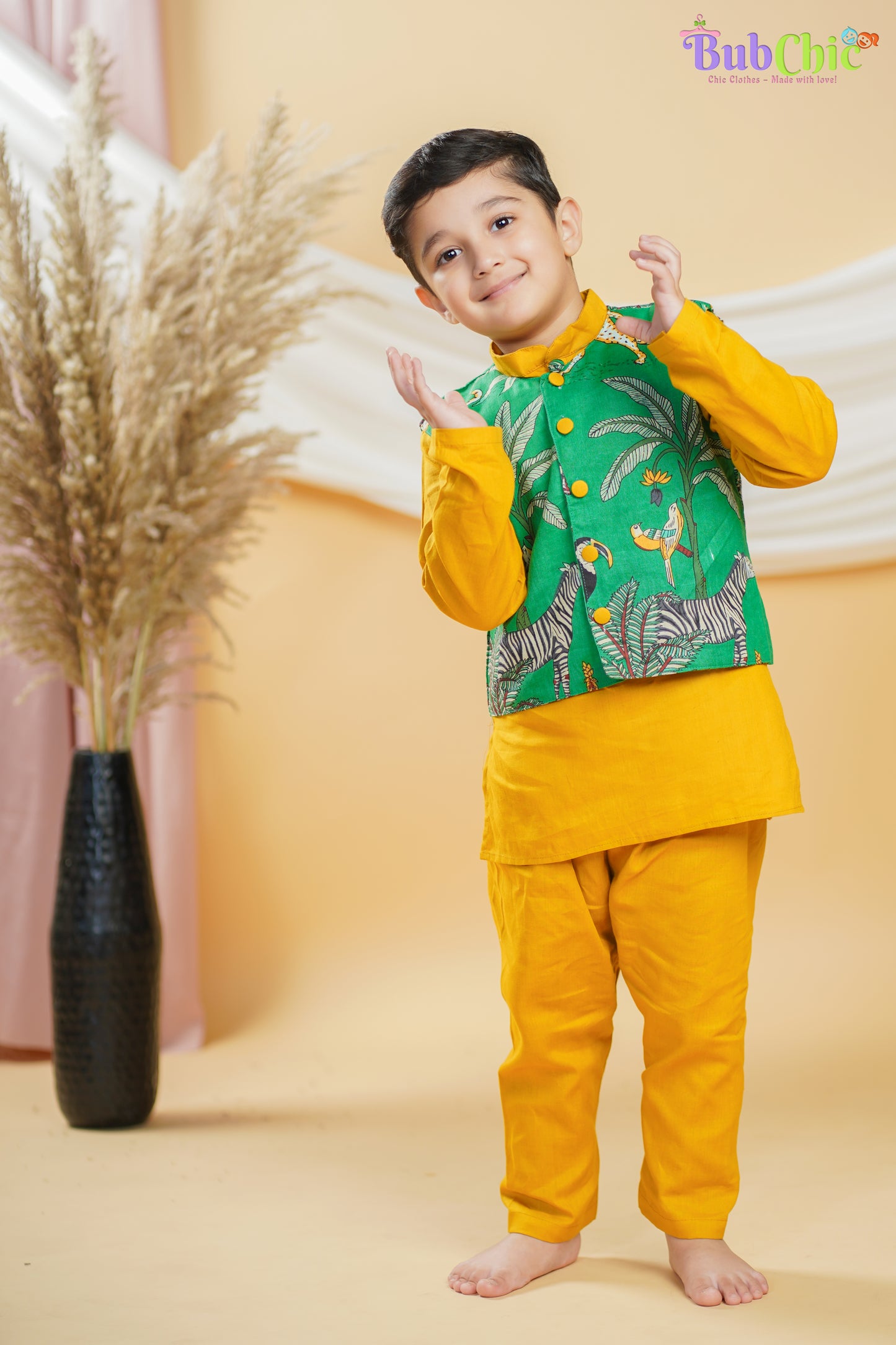 Mustard Kurta Pajama with Green Animal Print Jacket