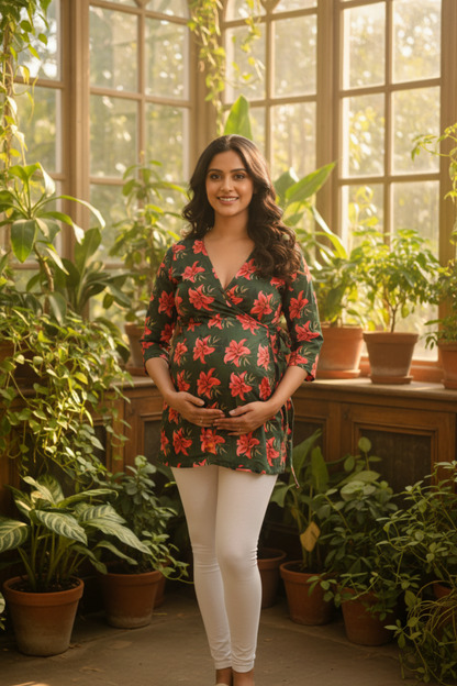 Dark Green Floral Print Maternity Top