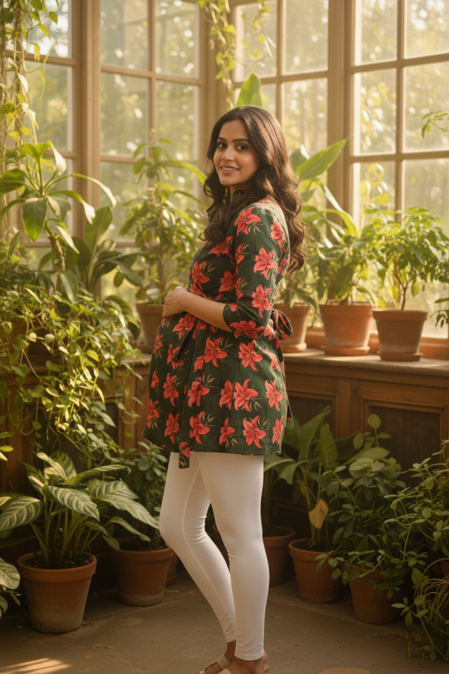 Dark Green Floral Print Maternity Top