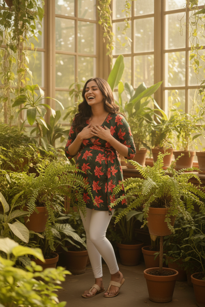 Dark Green Floral Print Maternity Top