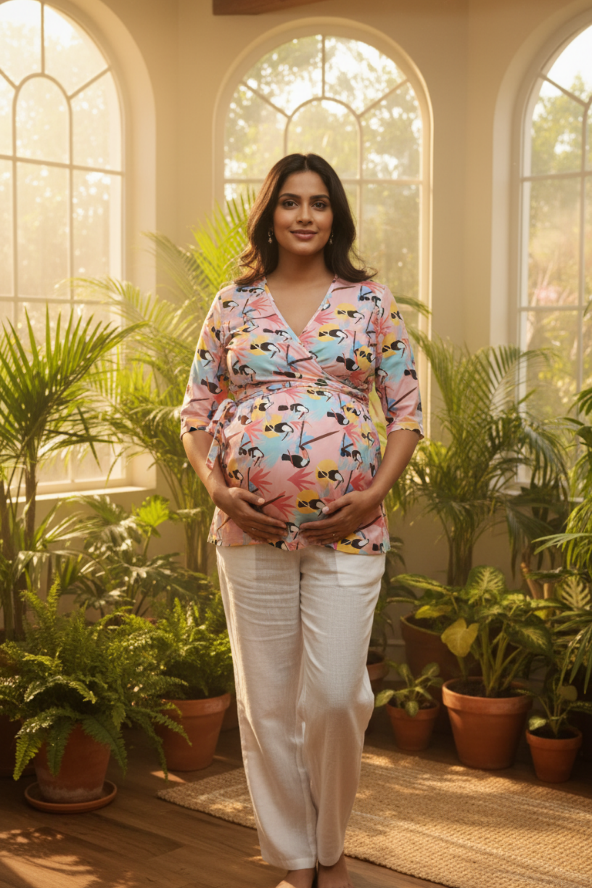 Pink Bird Print Maternity Top