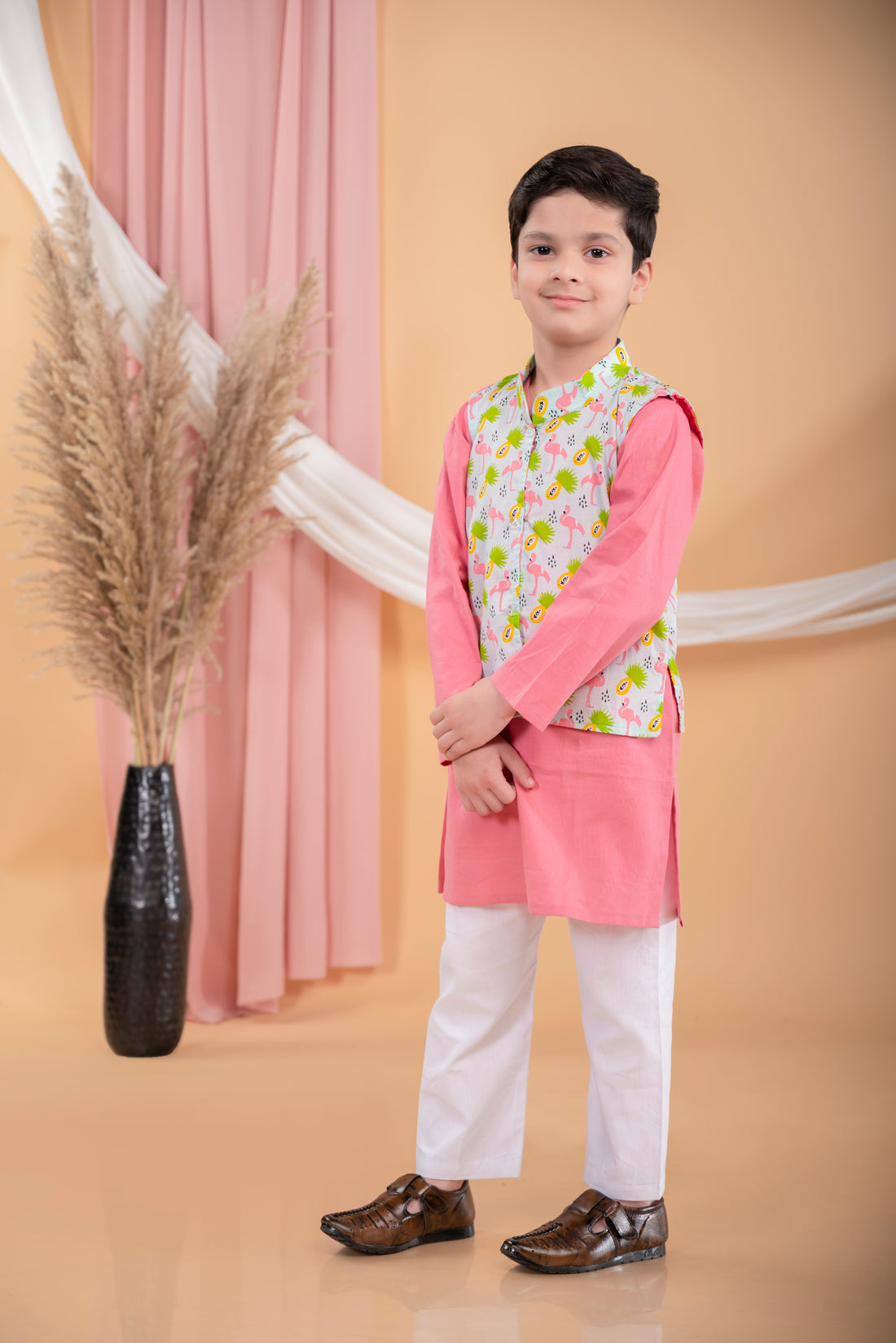 Pink kurta pajama with flamingo print jacket