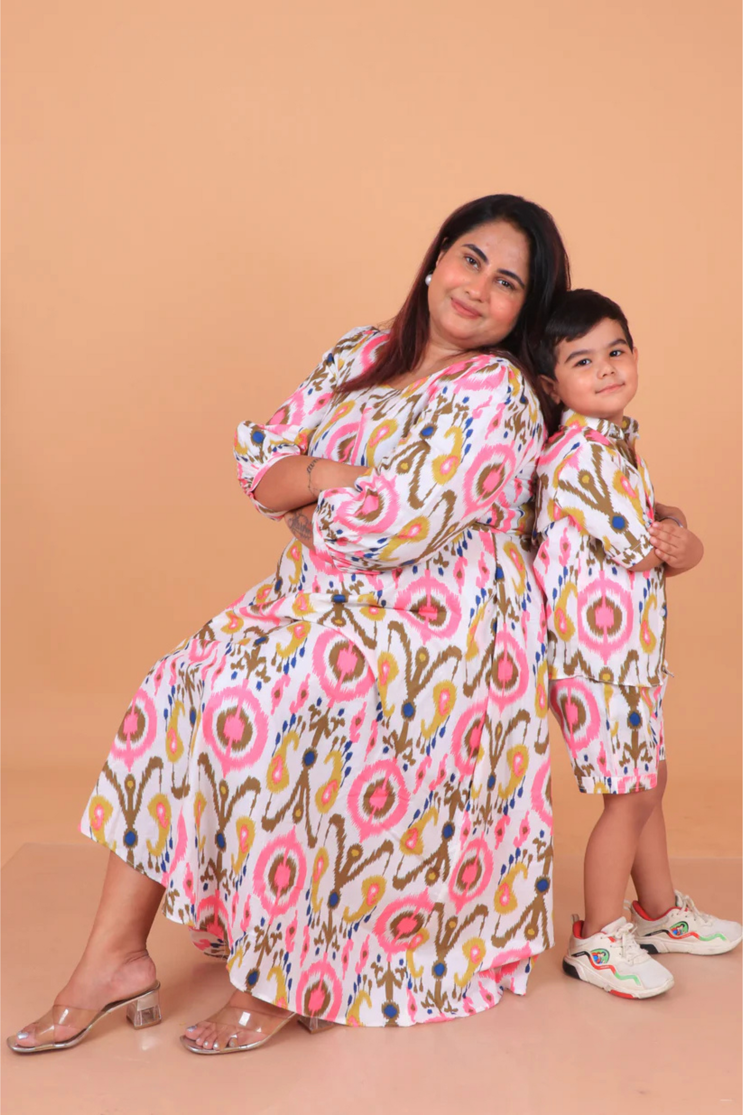 White Pink Ikhat Mother Son Twinning Set