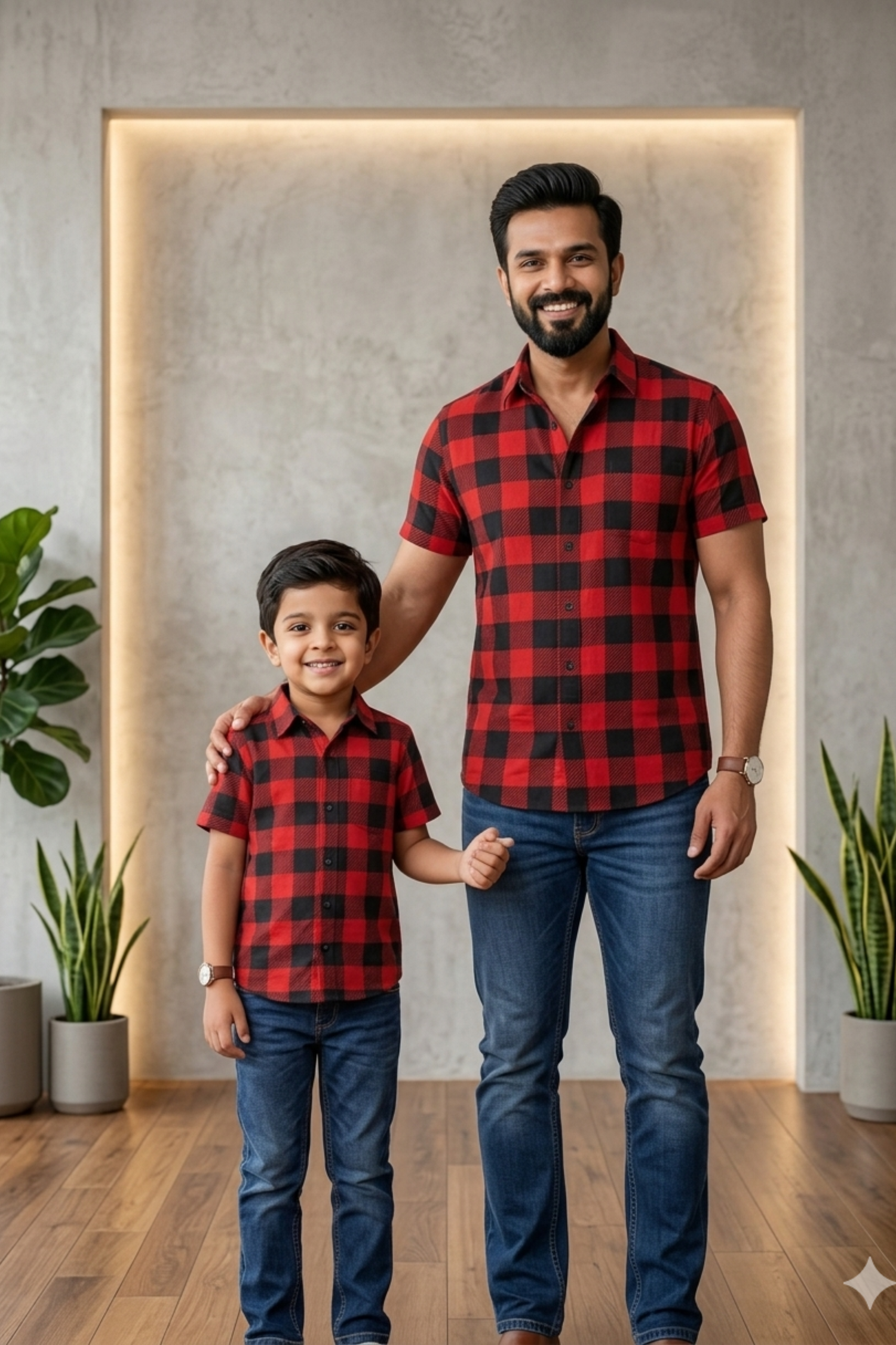 Red &amp; Black Check Print Father Son Twinning Set