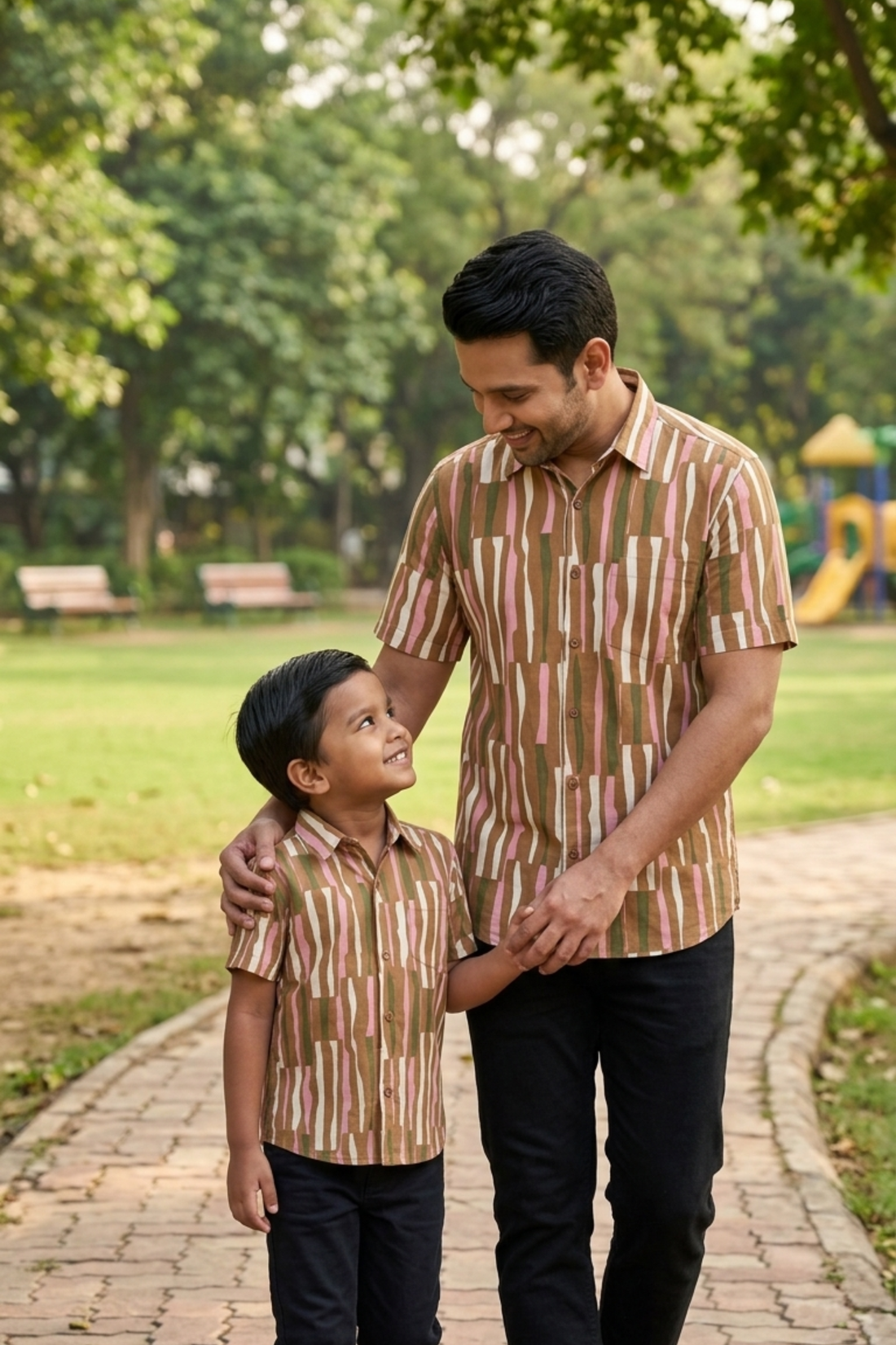 Brown with Stripes Print Father Son Twinning Set