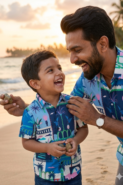 Blue Tropical Print Father Son Twinning Set