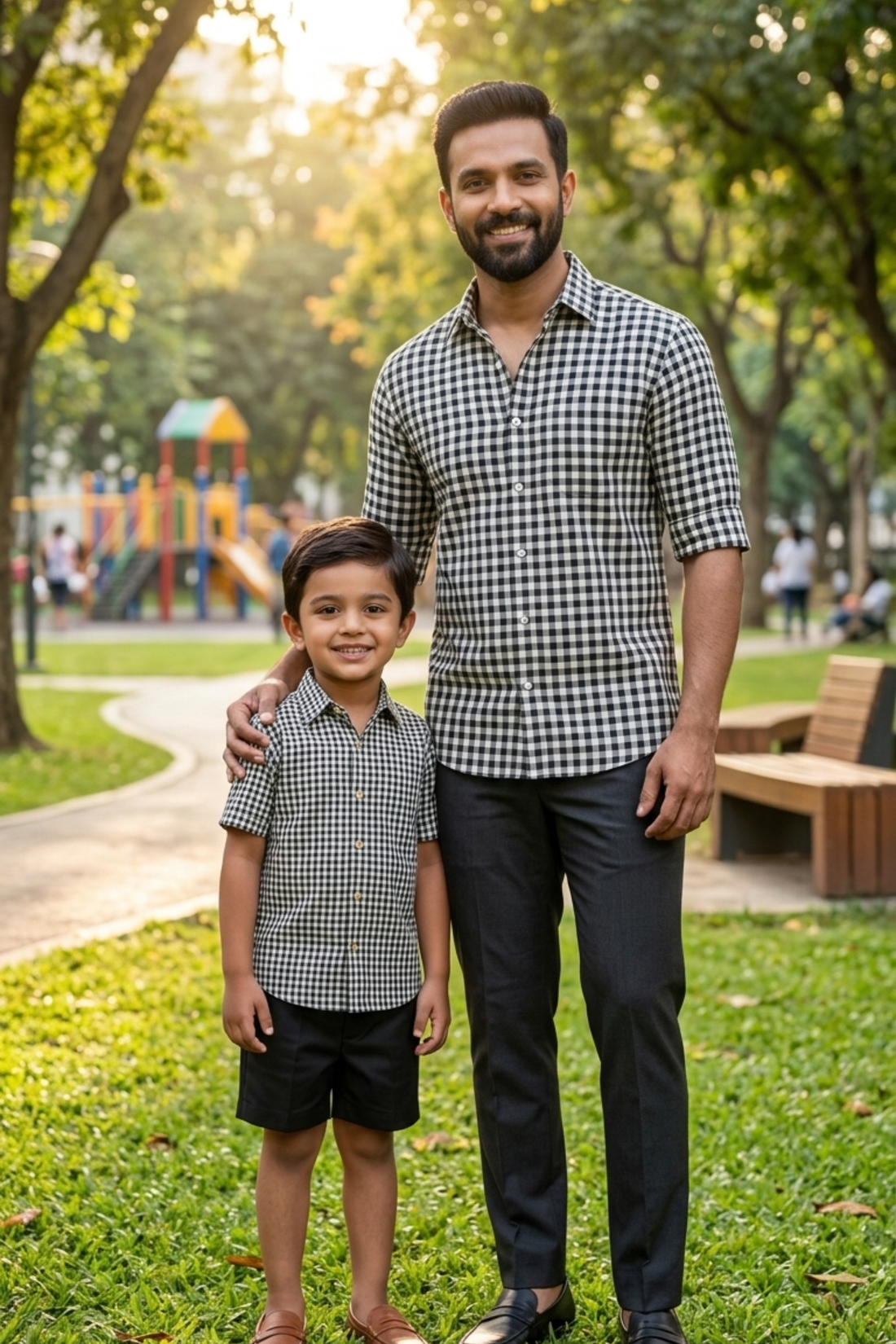 Black &amp; White Checks Print Father Son Twinning Set