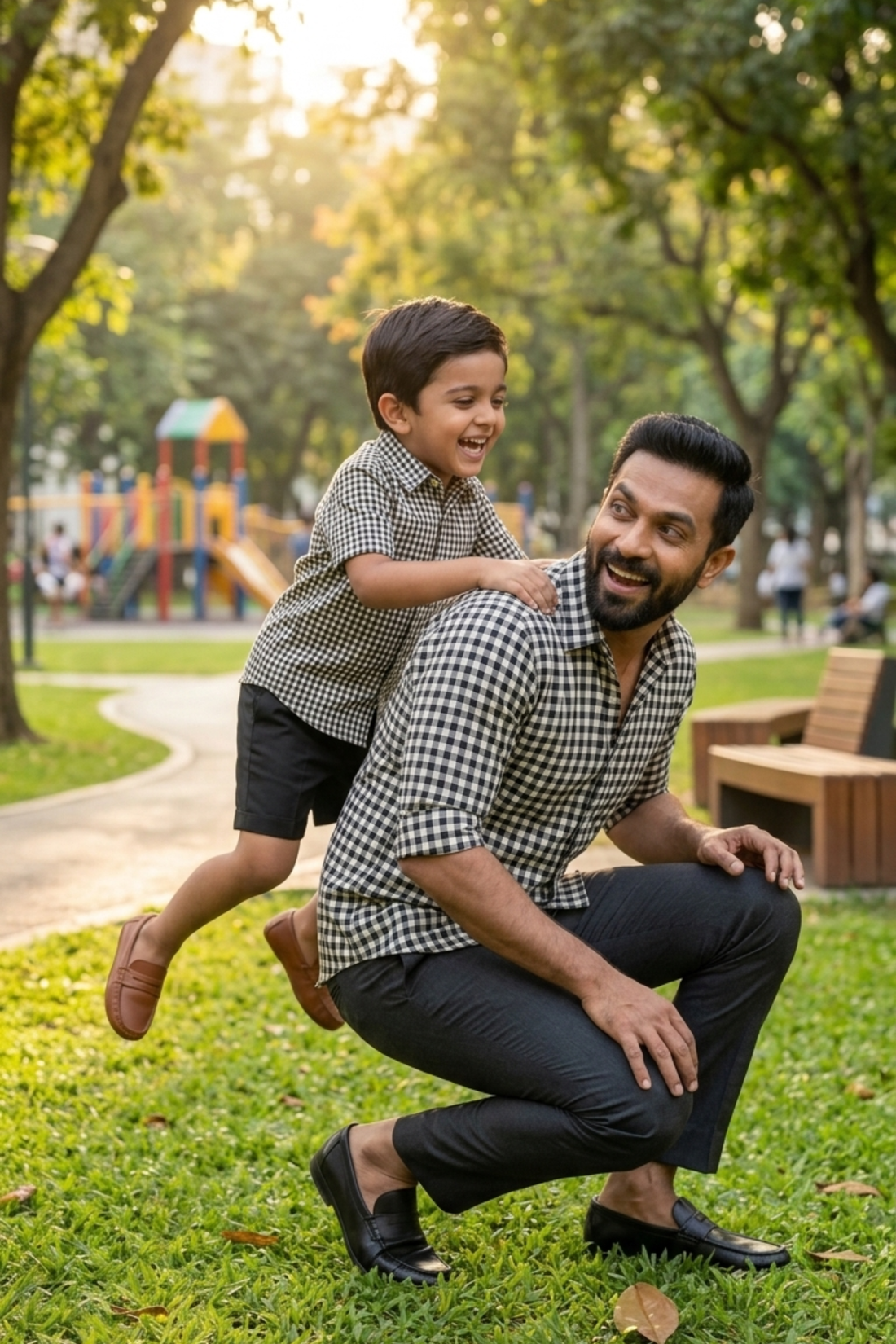 Black &amp; White Checks Print Father Son Twinning Set