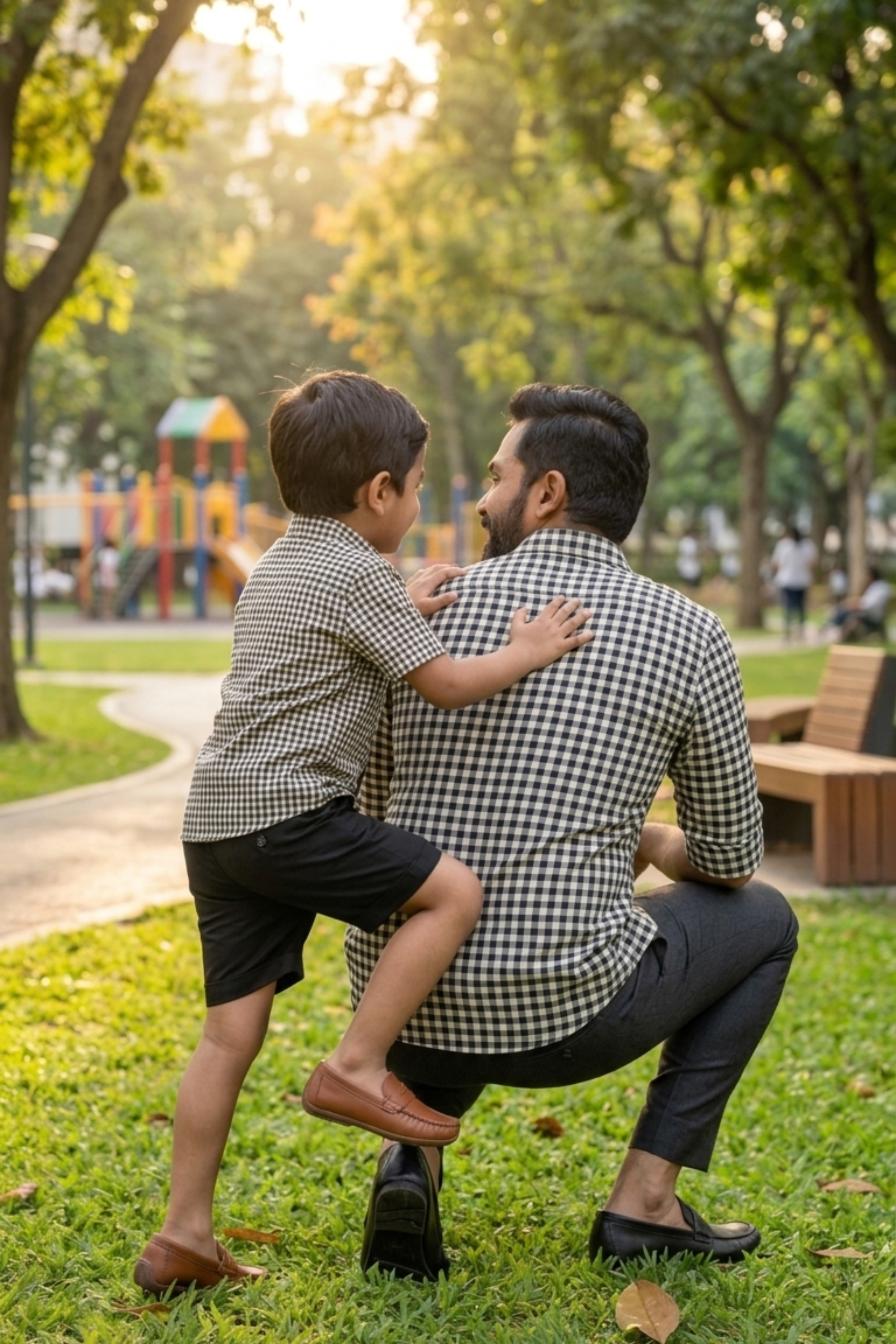 Black &amp; White Checks Print Father Son Twinning Set