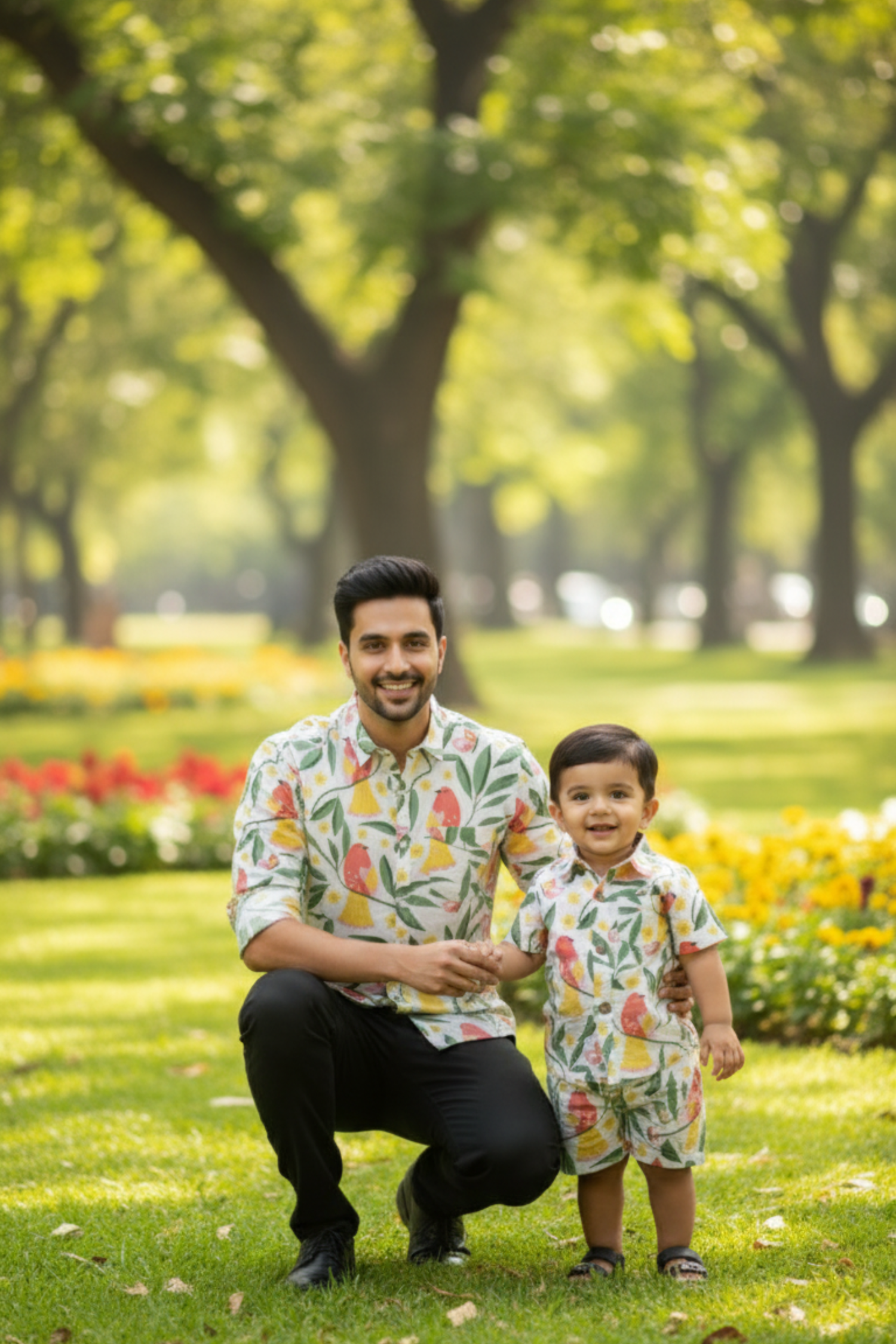 Red Bird Print Father Son Twinning Set