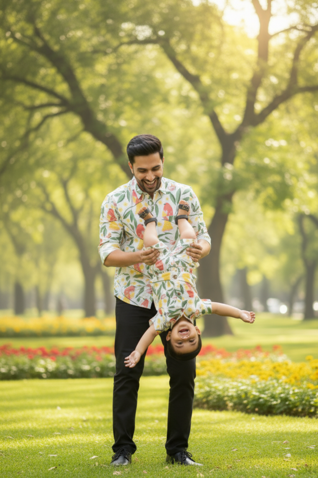 Red Bird Print Father Son Twinning Set