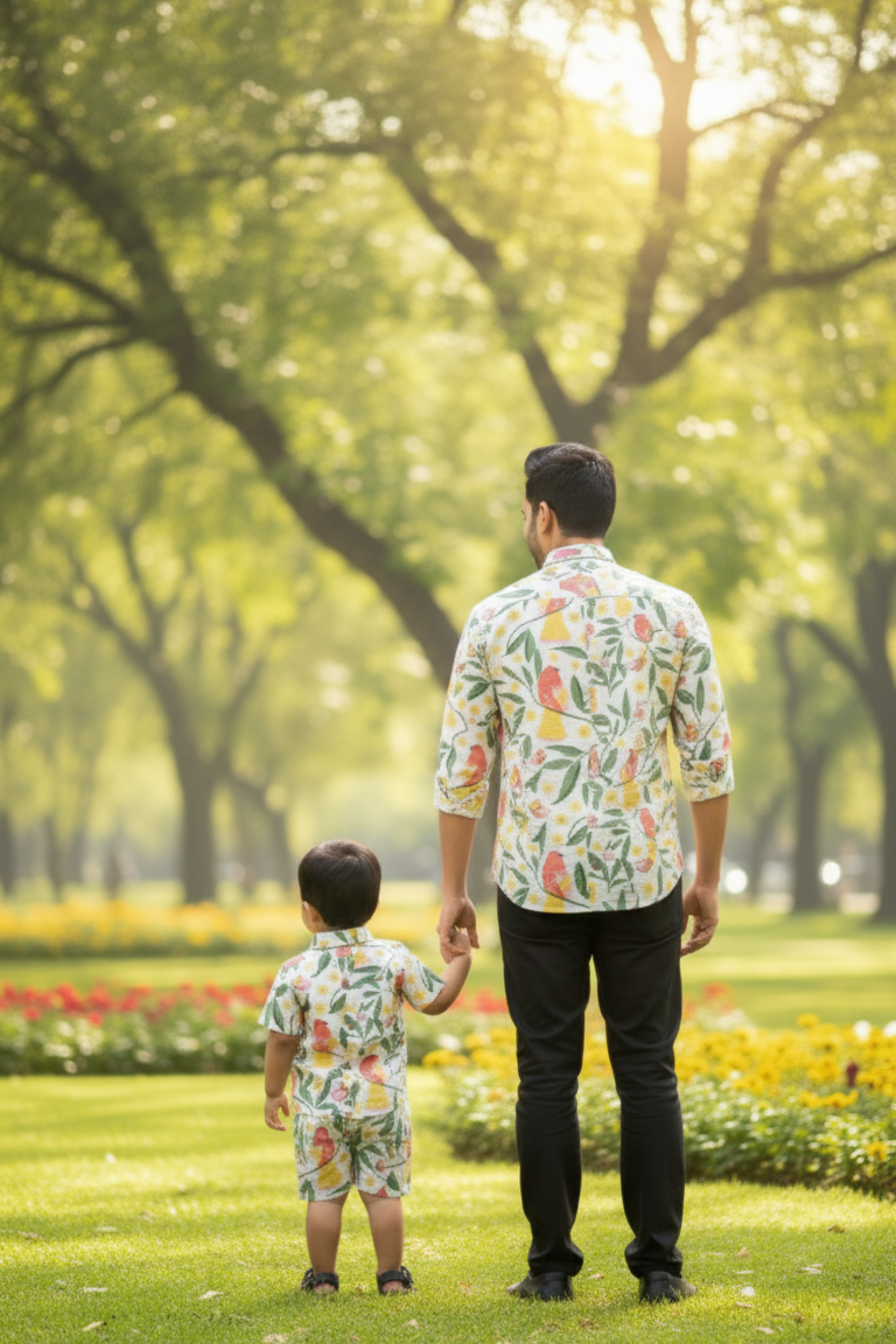 Red Bird Print Father Son Twinning Set