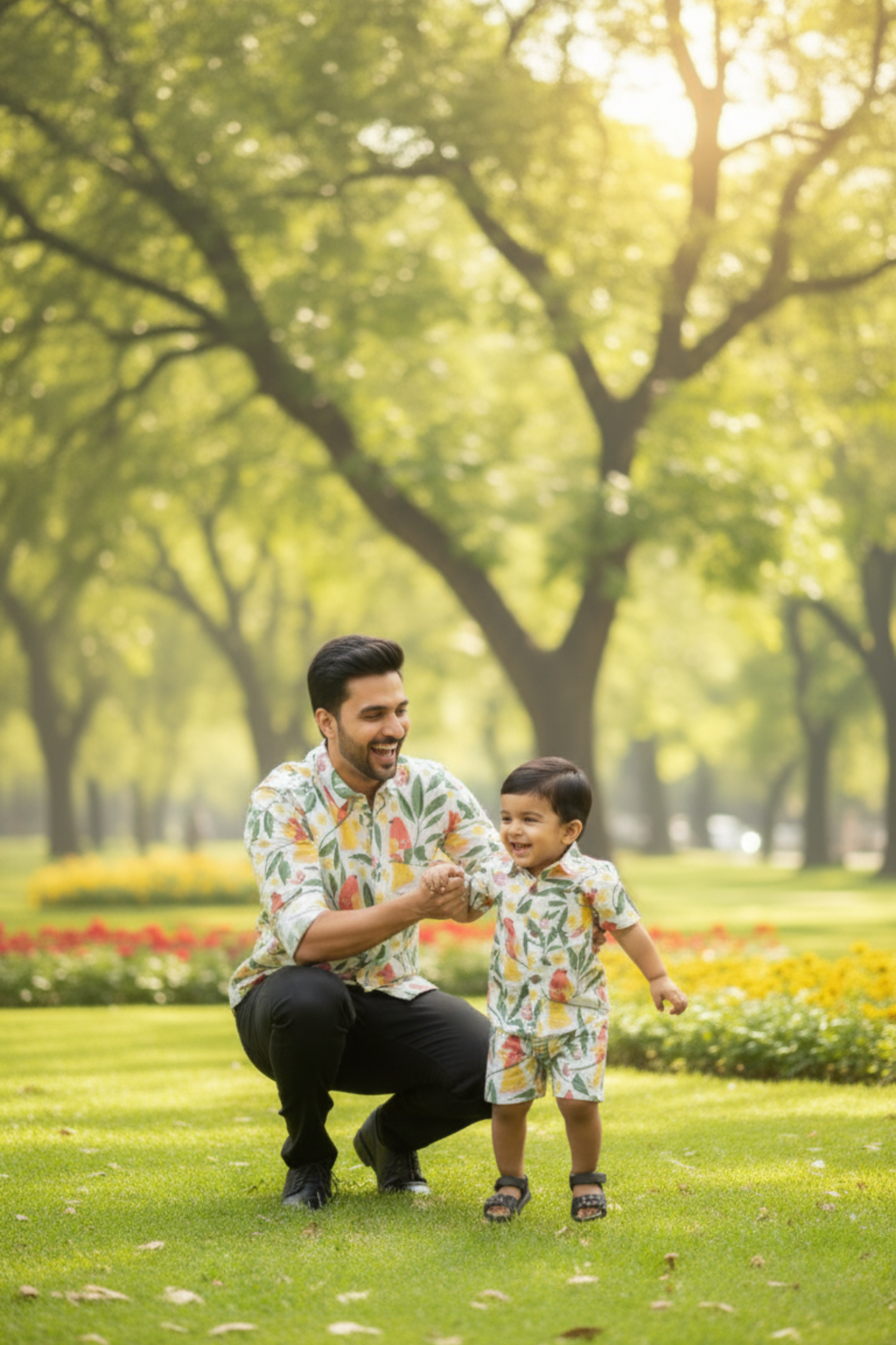 Red Bird Print Father Son Twinning Set