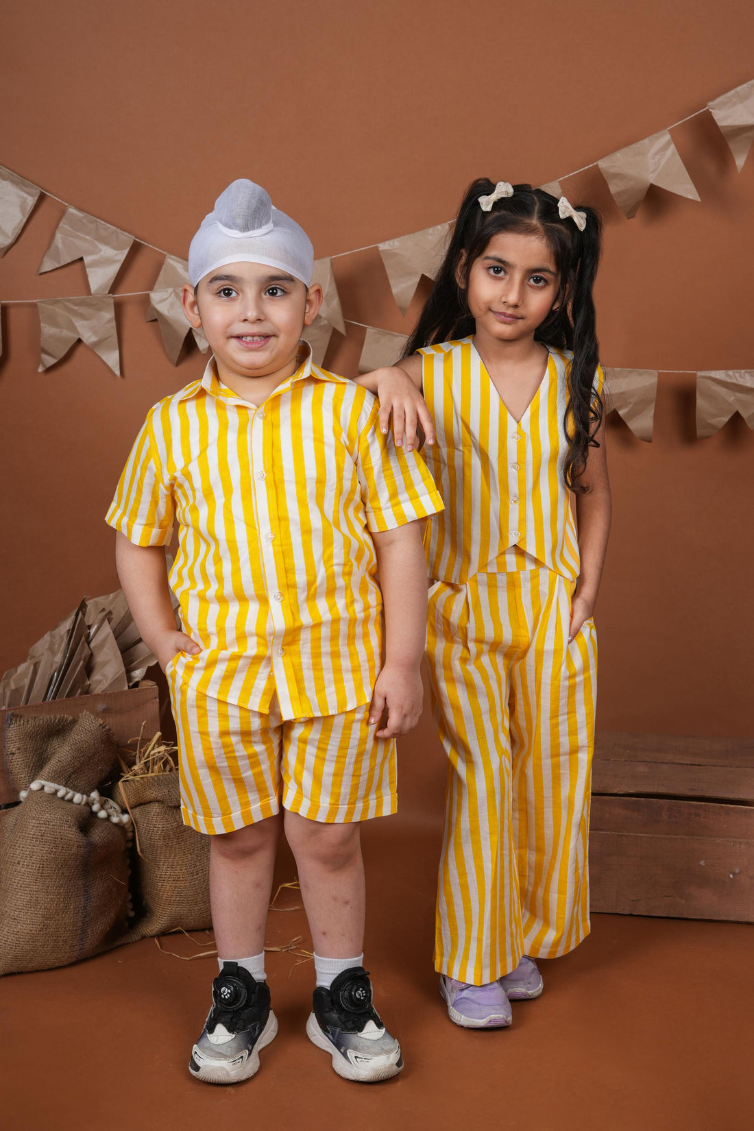 Yellow White Stripes Brother Sister Combo