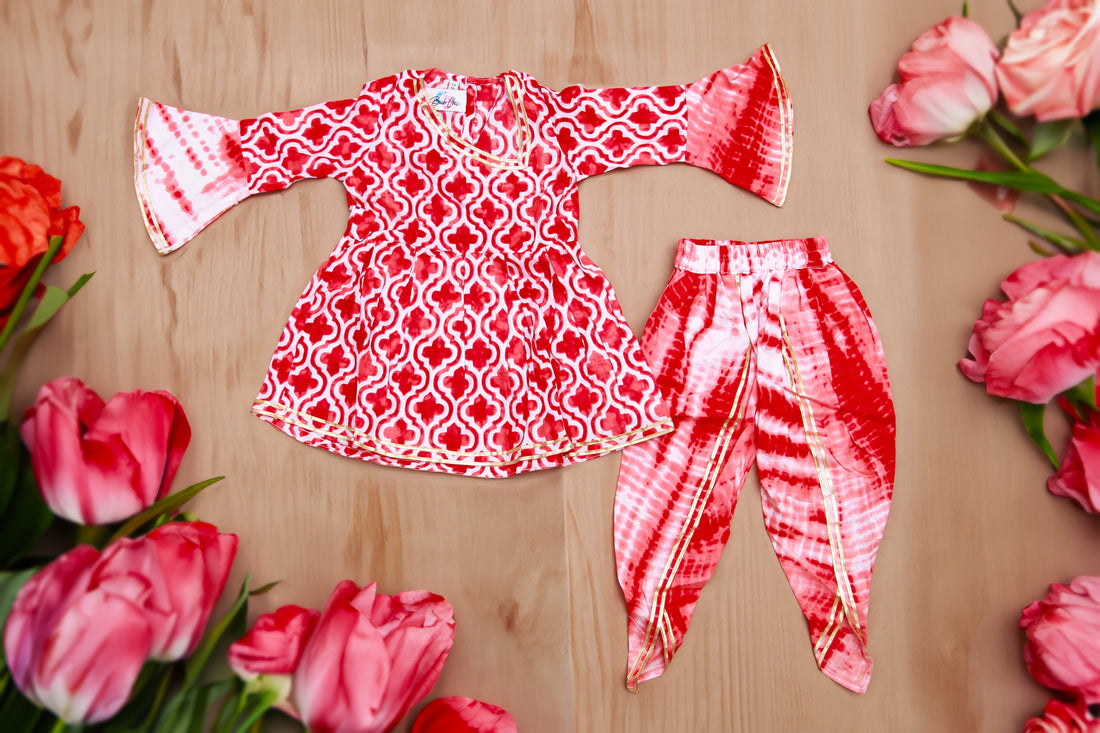 Red Printed Kurta with Tie n Dye Dhoti